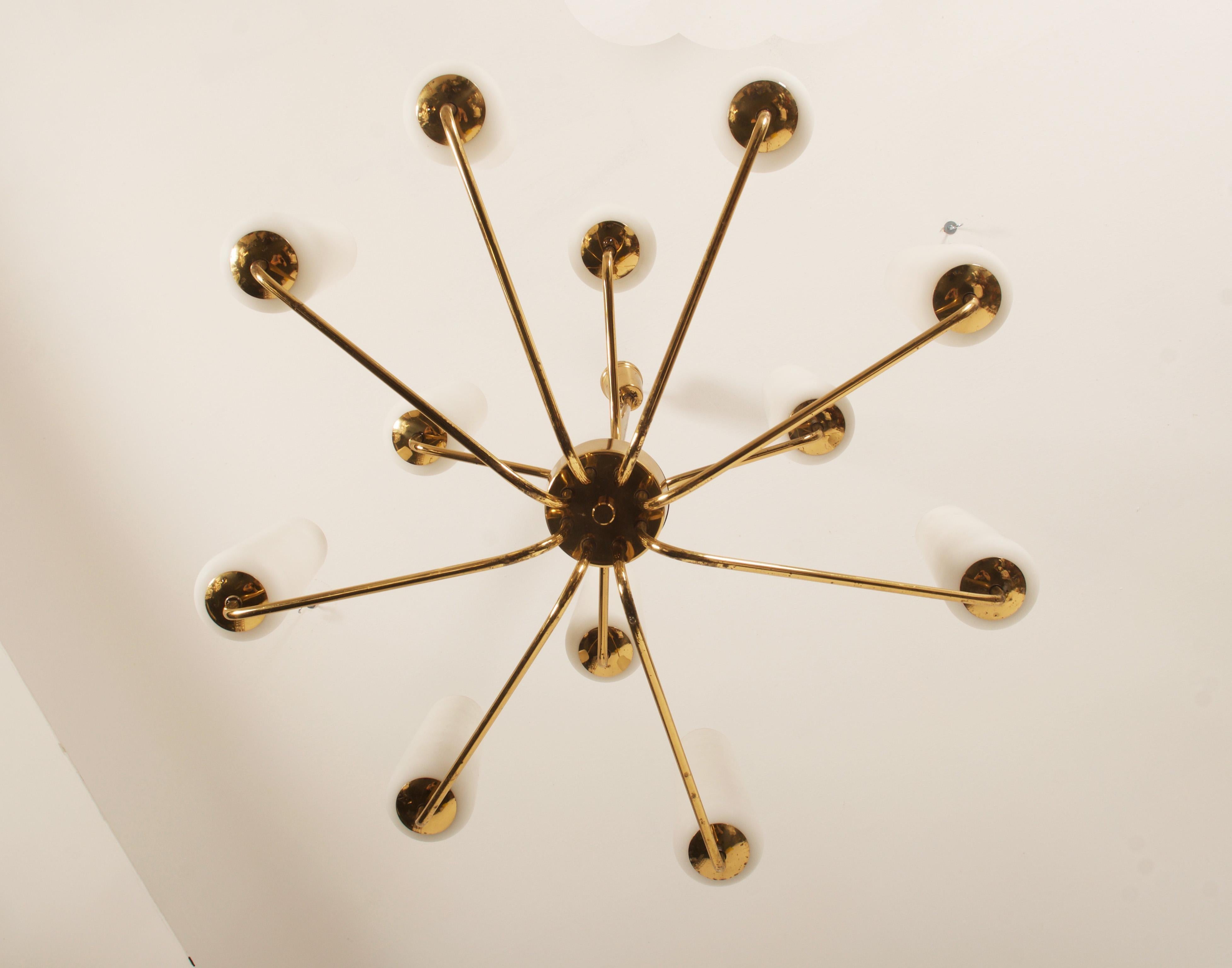 Huge Midcentury Brass Opaline Glass Chandelier by Rupert Nikoll In Good Condition For Sale In Vienna, AT