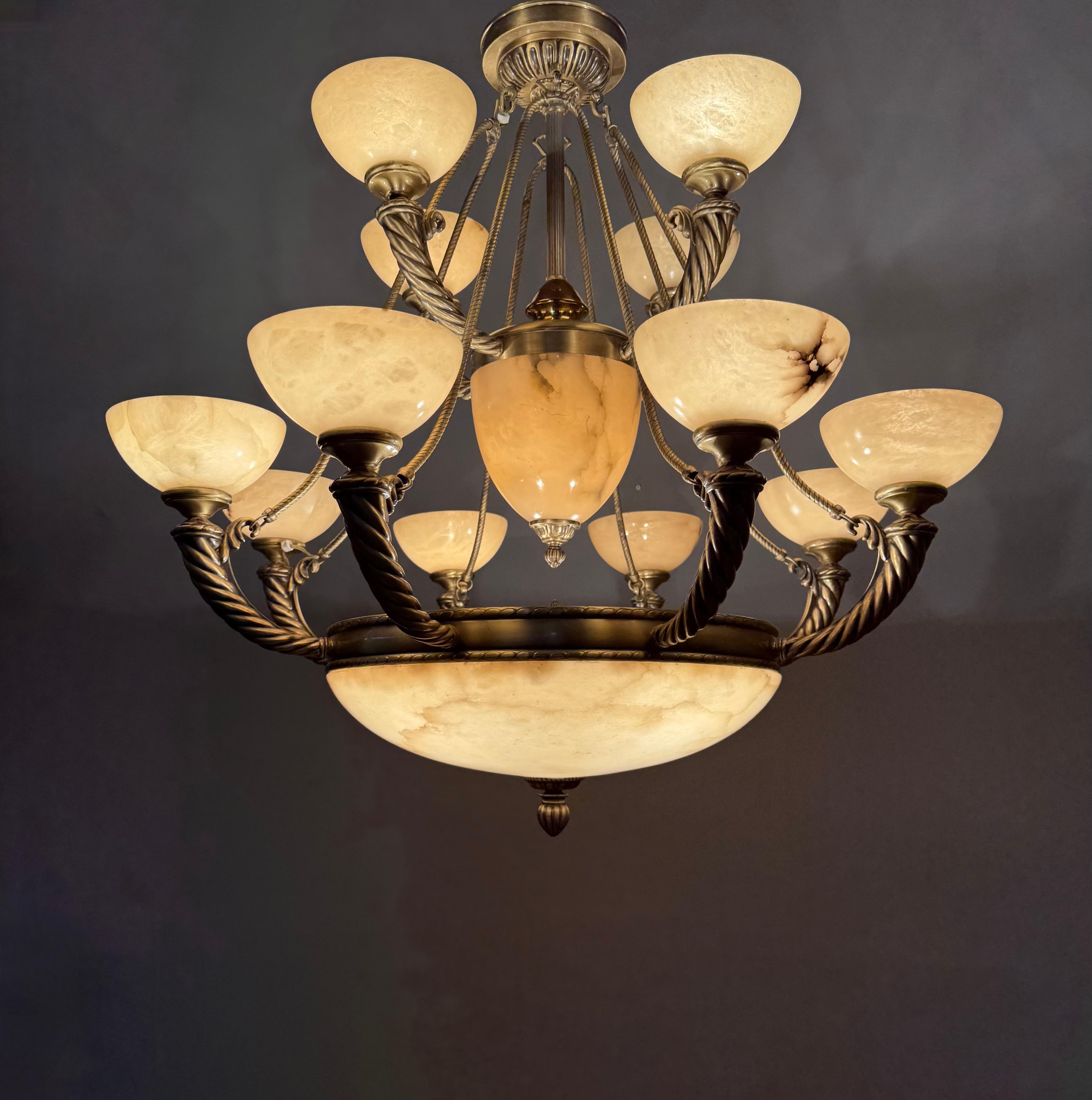 Grand Midcentury Era Alabaster & Bronze Fountain of Shades Chandelier 1970s For Sale 3