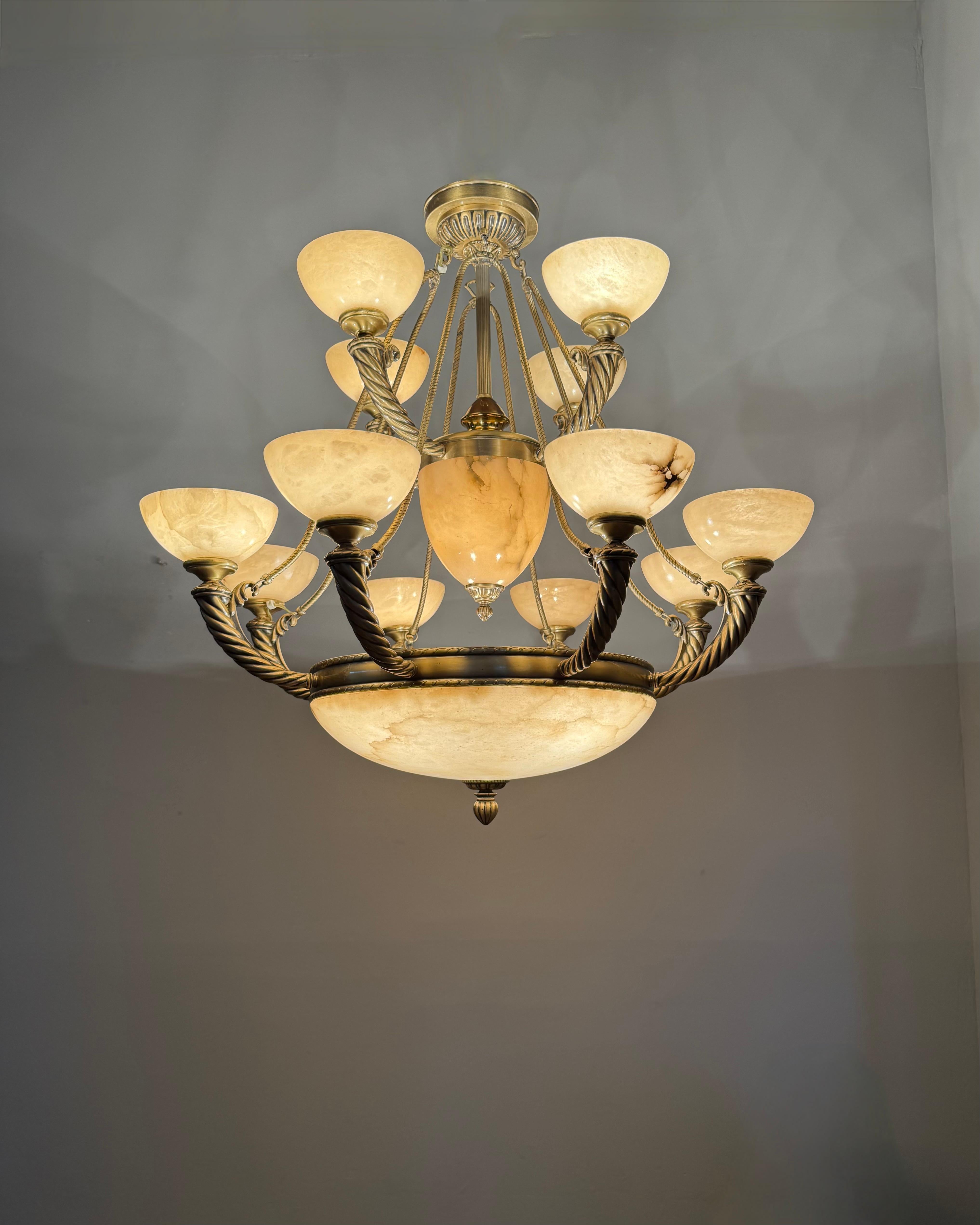 Grand Midcentury Era Alabaster & Bronze Fountain of Shades Chandelier 1970s For Sale 7