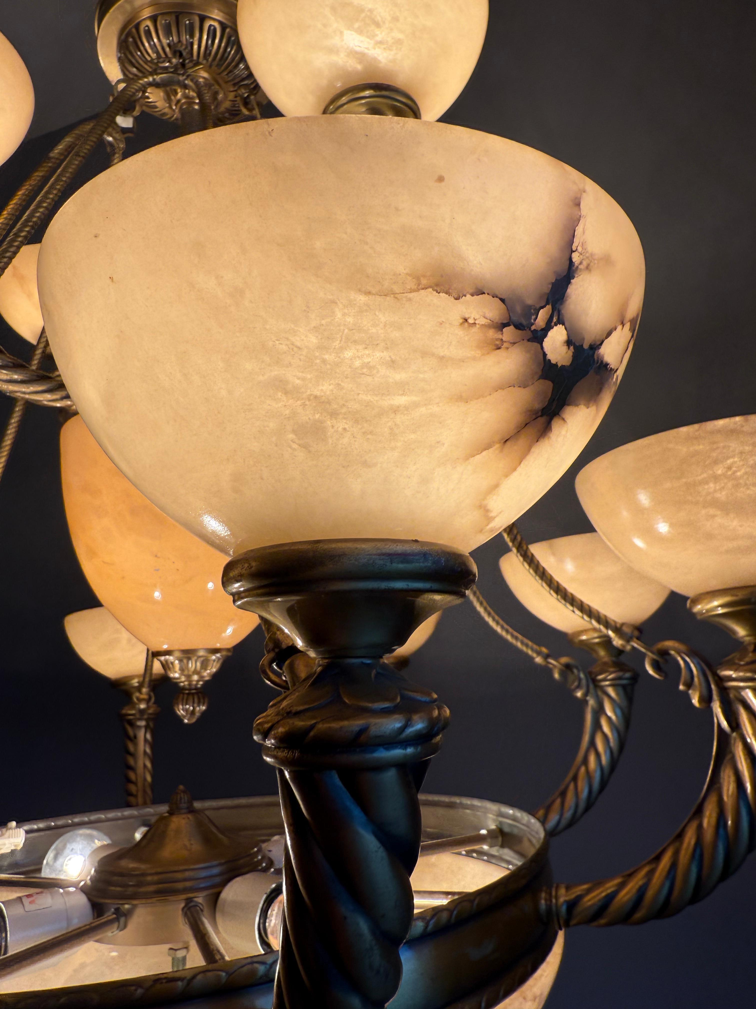 Grand Midcentury Era Alabaster & Bronze Fountain of Shades Chandelier 1970s For Sale 8