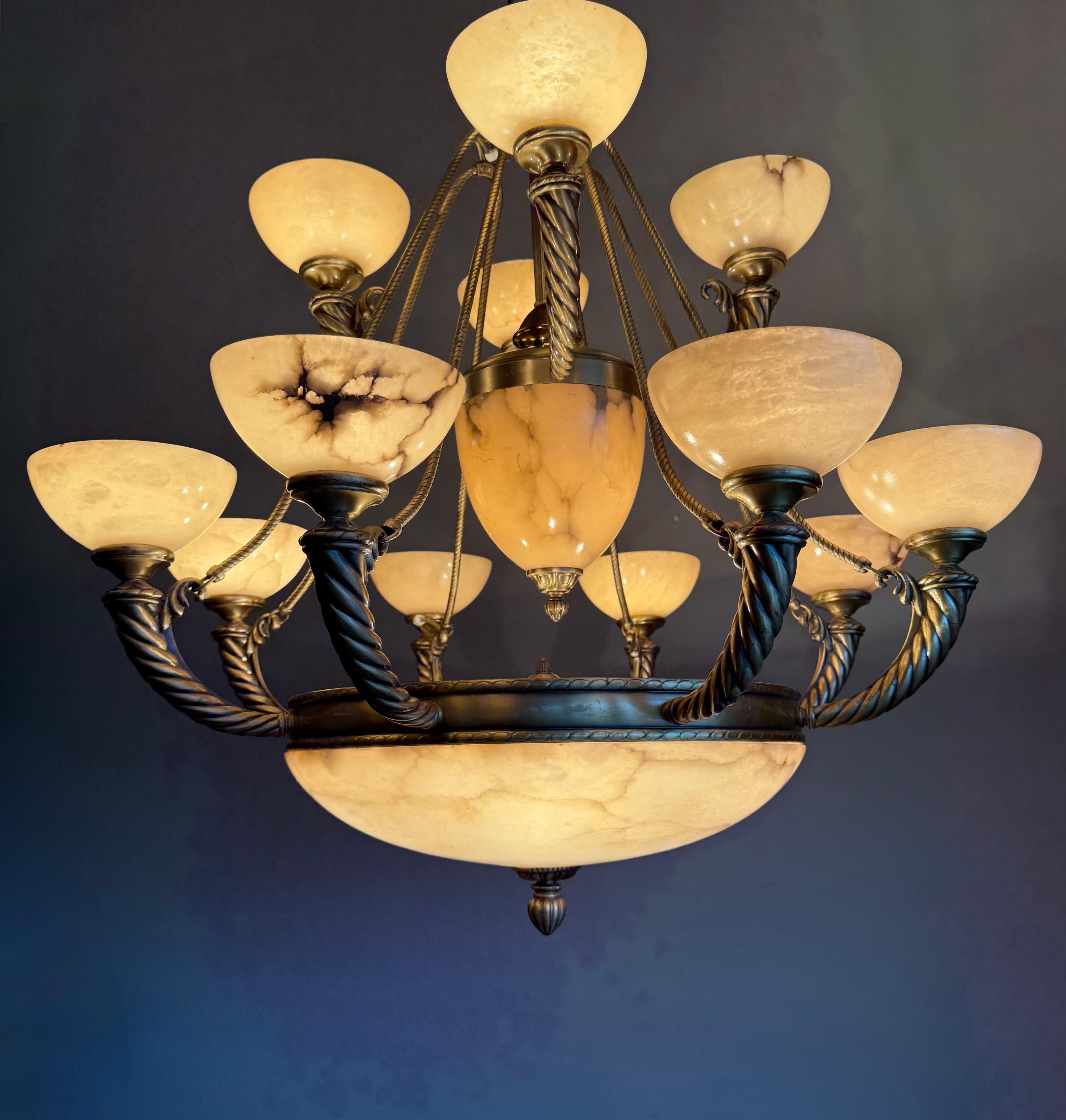 Grand Midcentury Era Alabaster & Bronze Fountain of Shades Chandelier 1970s For Sale 9