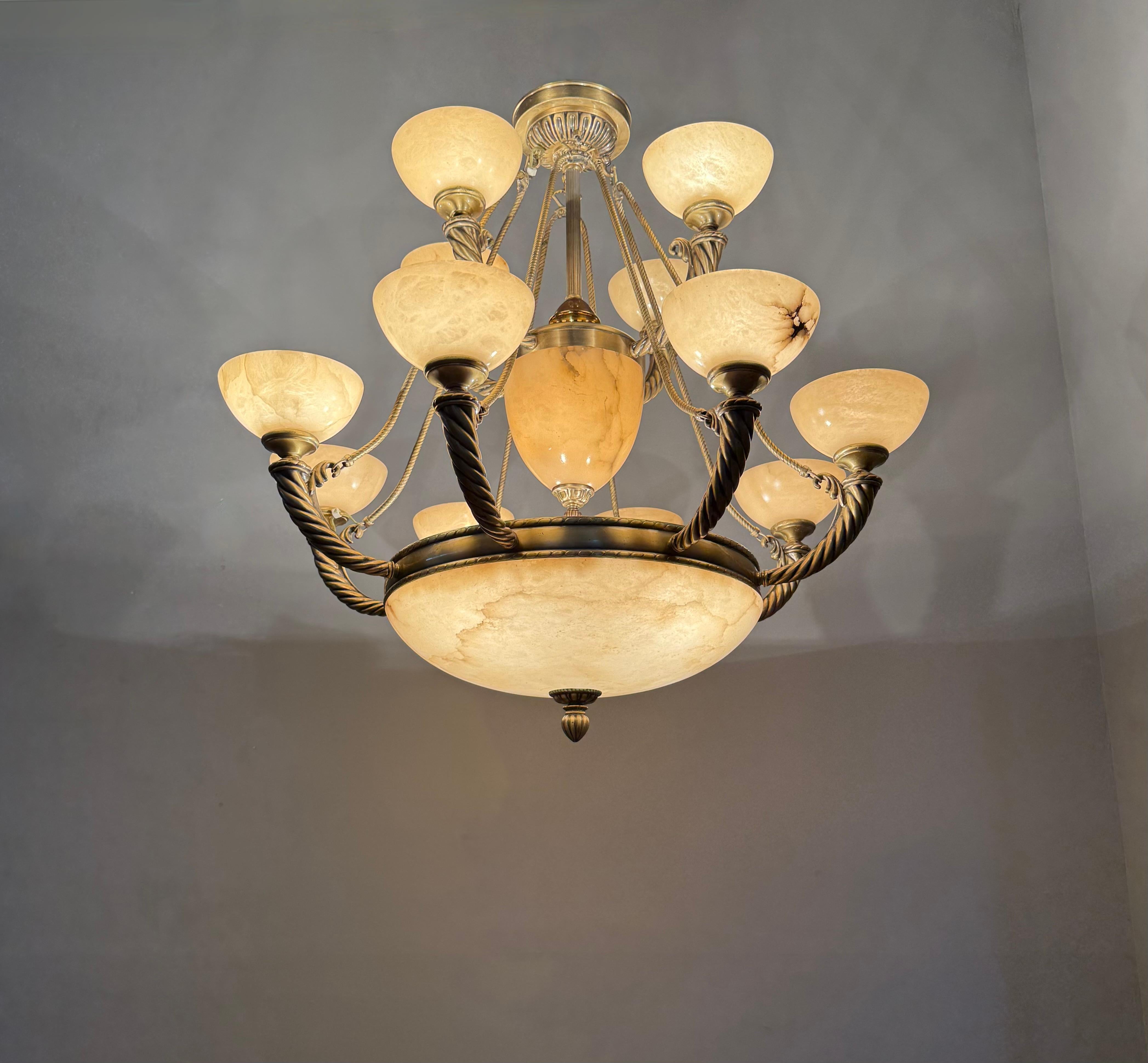 Grand Midcentury Era Alabaster & Bronze Fountain of Shades Chandelier 1970s For Sale 10