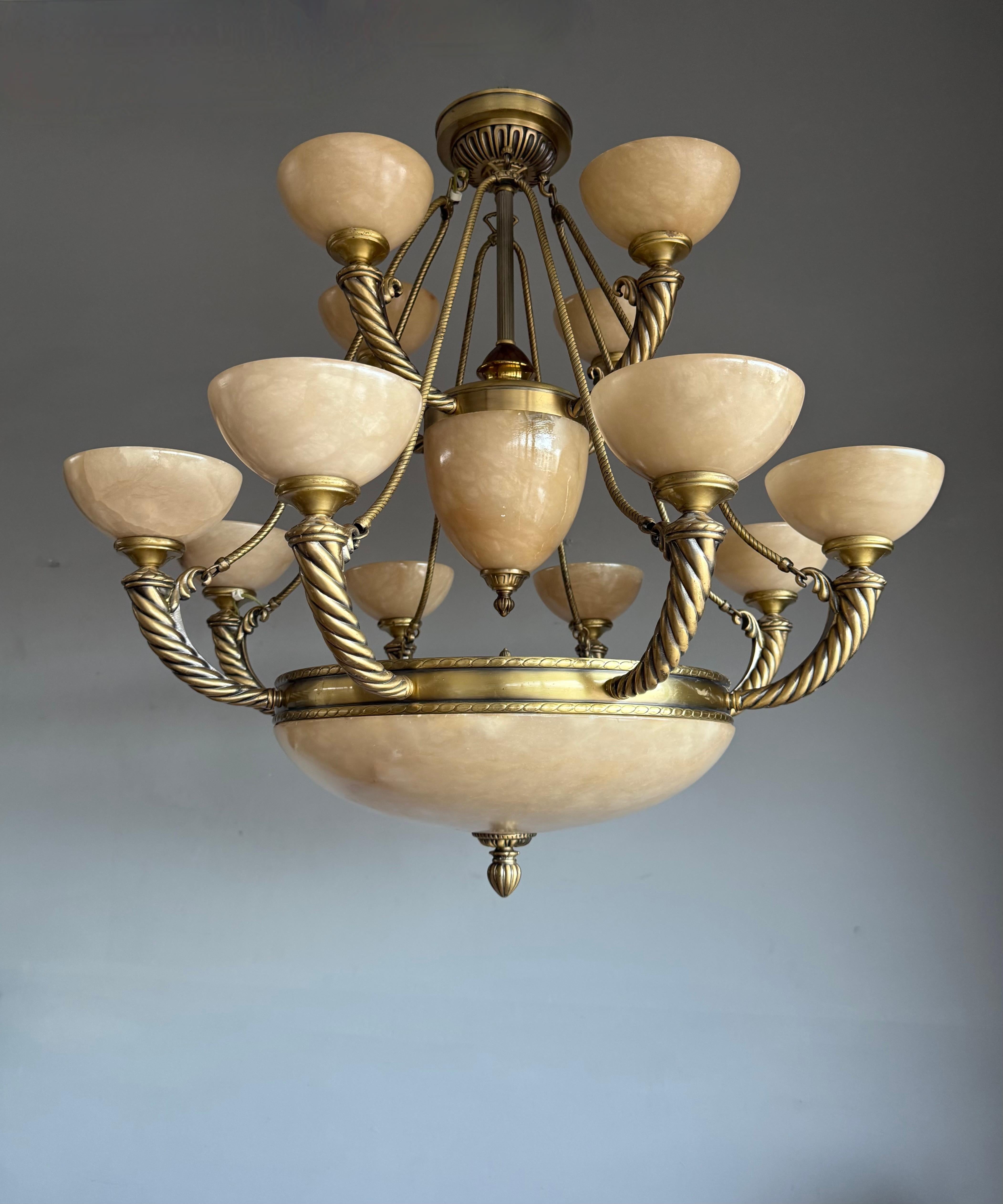 European Grand Midcentury Era Alabaster & Bronze Fountain of Shades Chandelier 1970s For Sale