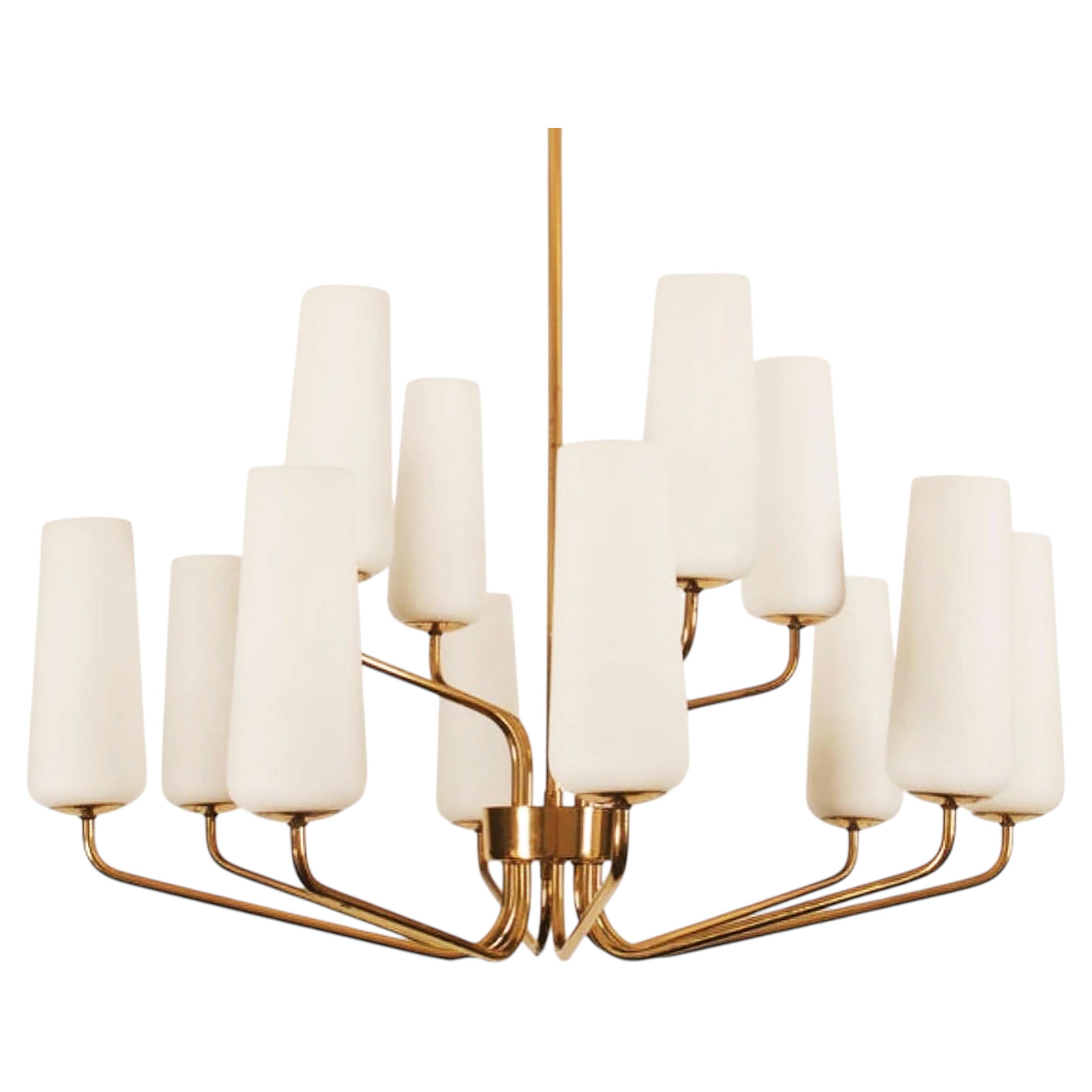 Huge Midcentury Rare Brass Opaline Glass Chandelier by Rupert Nikoll