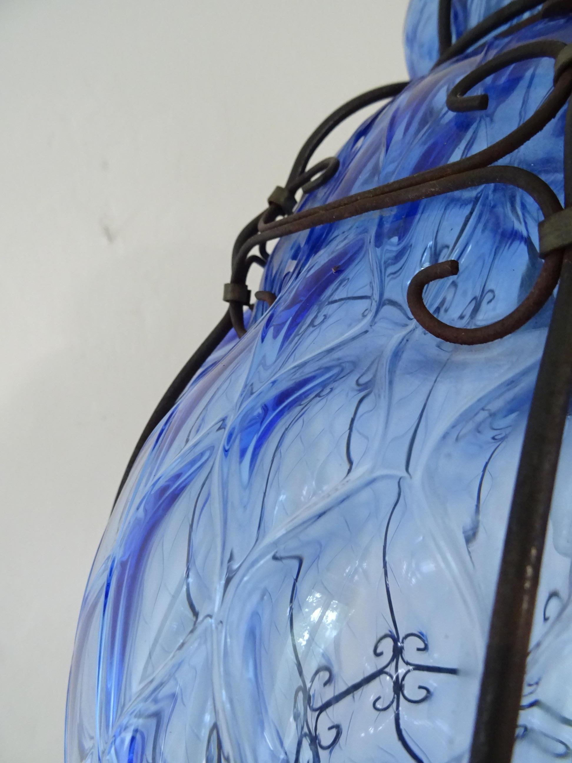 Huge Midcentury Seguso Murano Cobalt Blue Blown Detailed Lantern Chandelier 1