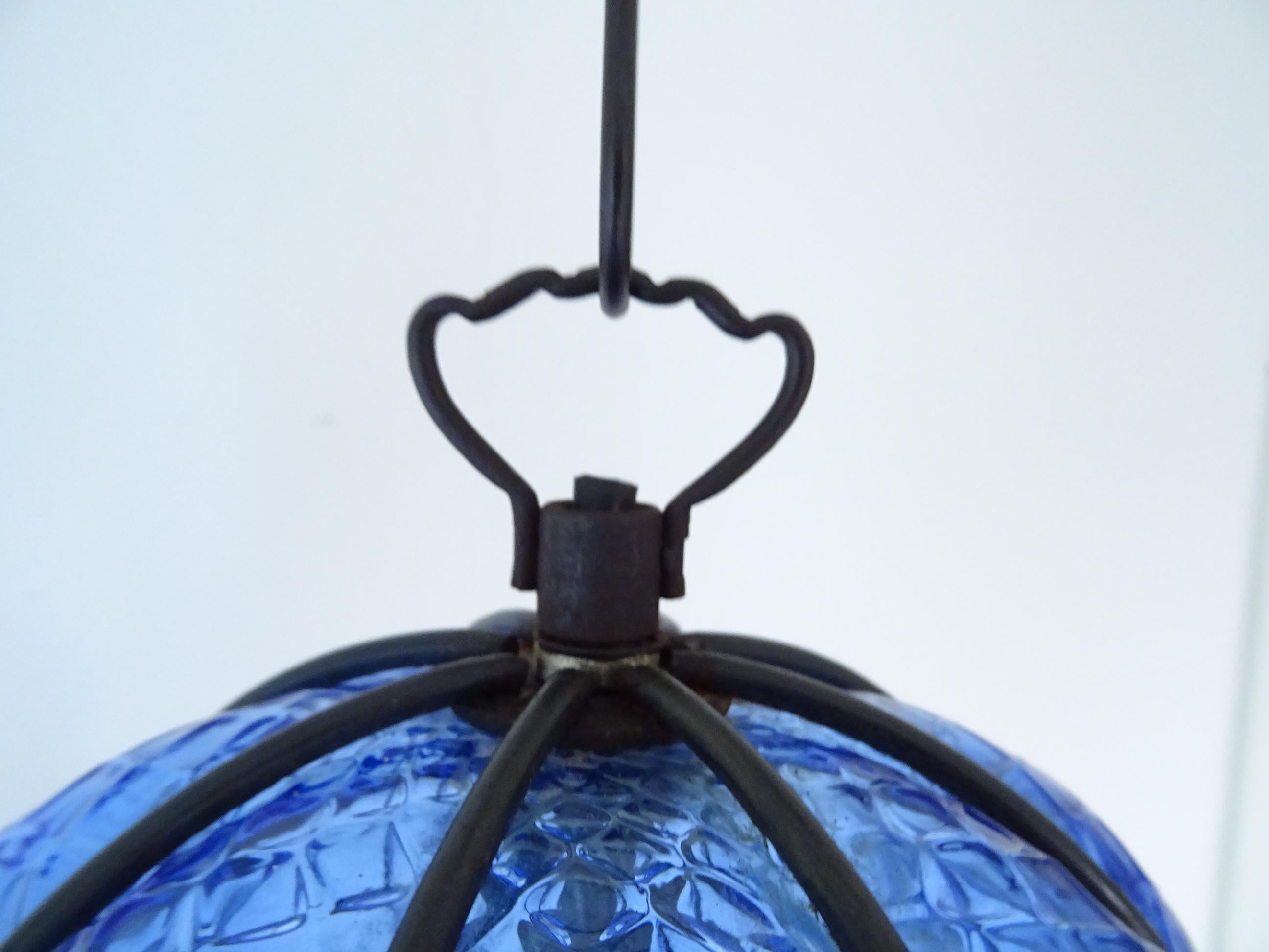 Huge Midcentury Seguso Murano Cobalt Blue Blown Detailed Lantern Chandelier 2
