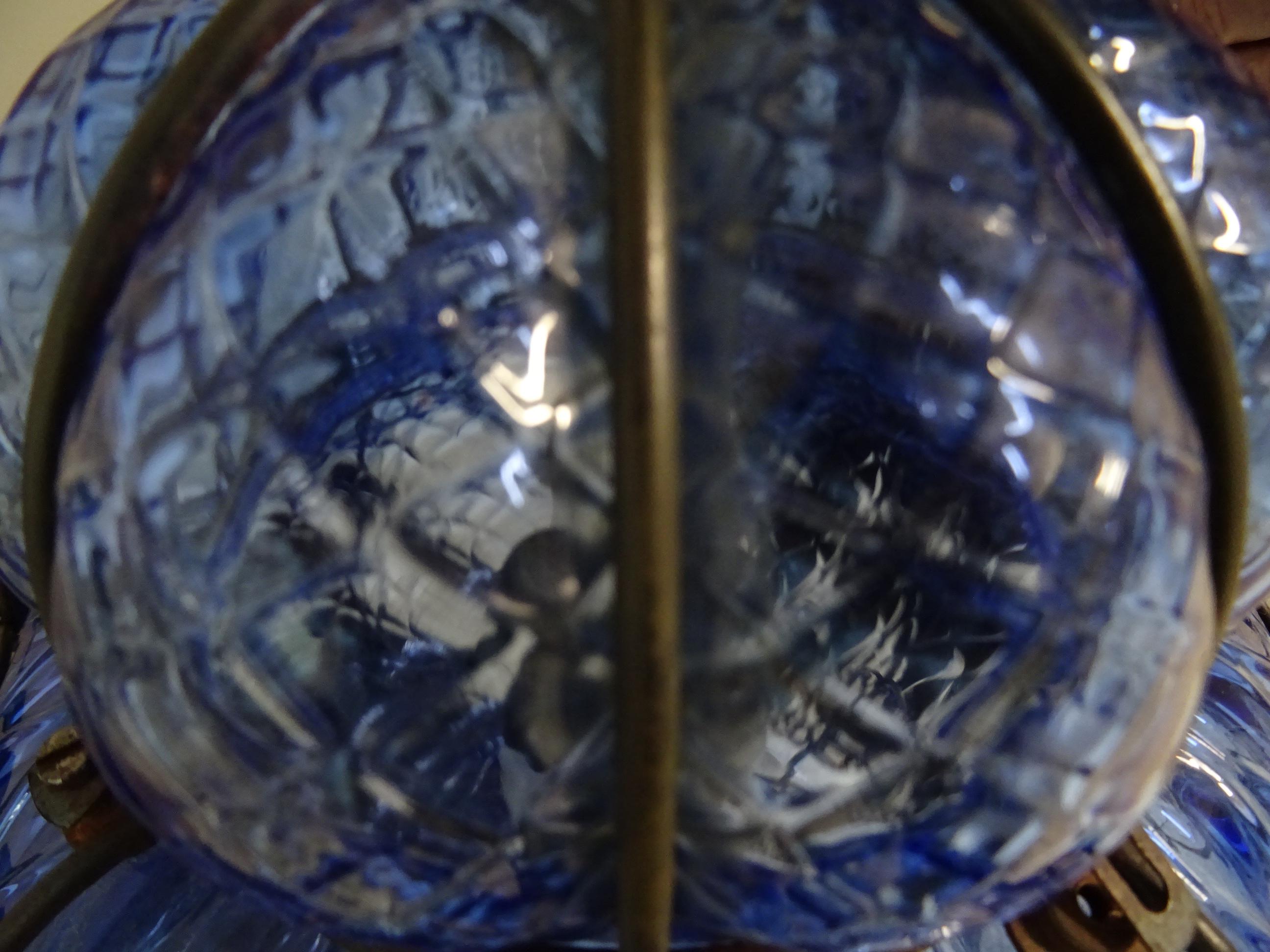 Huge Midcentury Seguso Murano Cobalt Blue Blown Detailed Lantern Chandelier 3