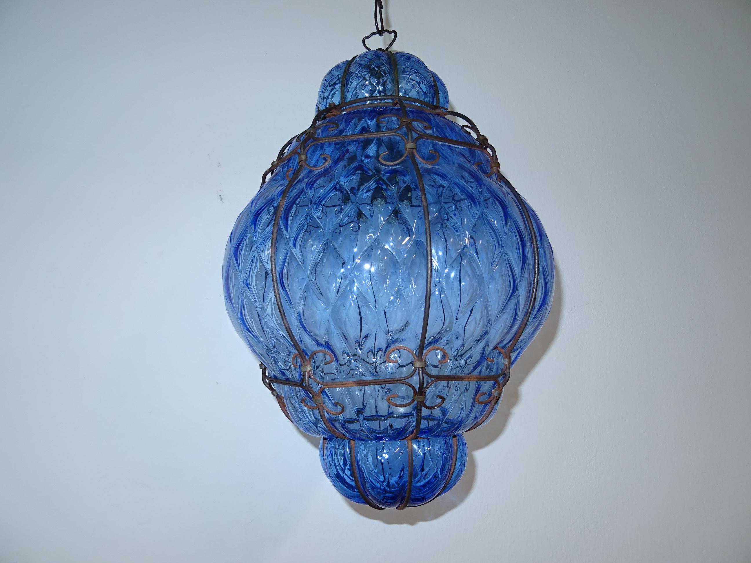 Housing one-light. Will be rewired with certified UL US sockets for the United States or appropriate socket for other countries and ready to hang. Rare big size and color of cobalt blue Murano blown glass in metal cage. Great craftsmanship. Adding