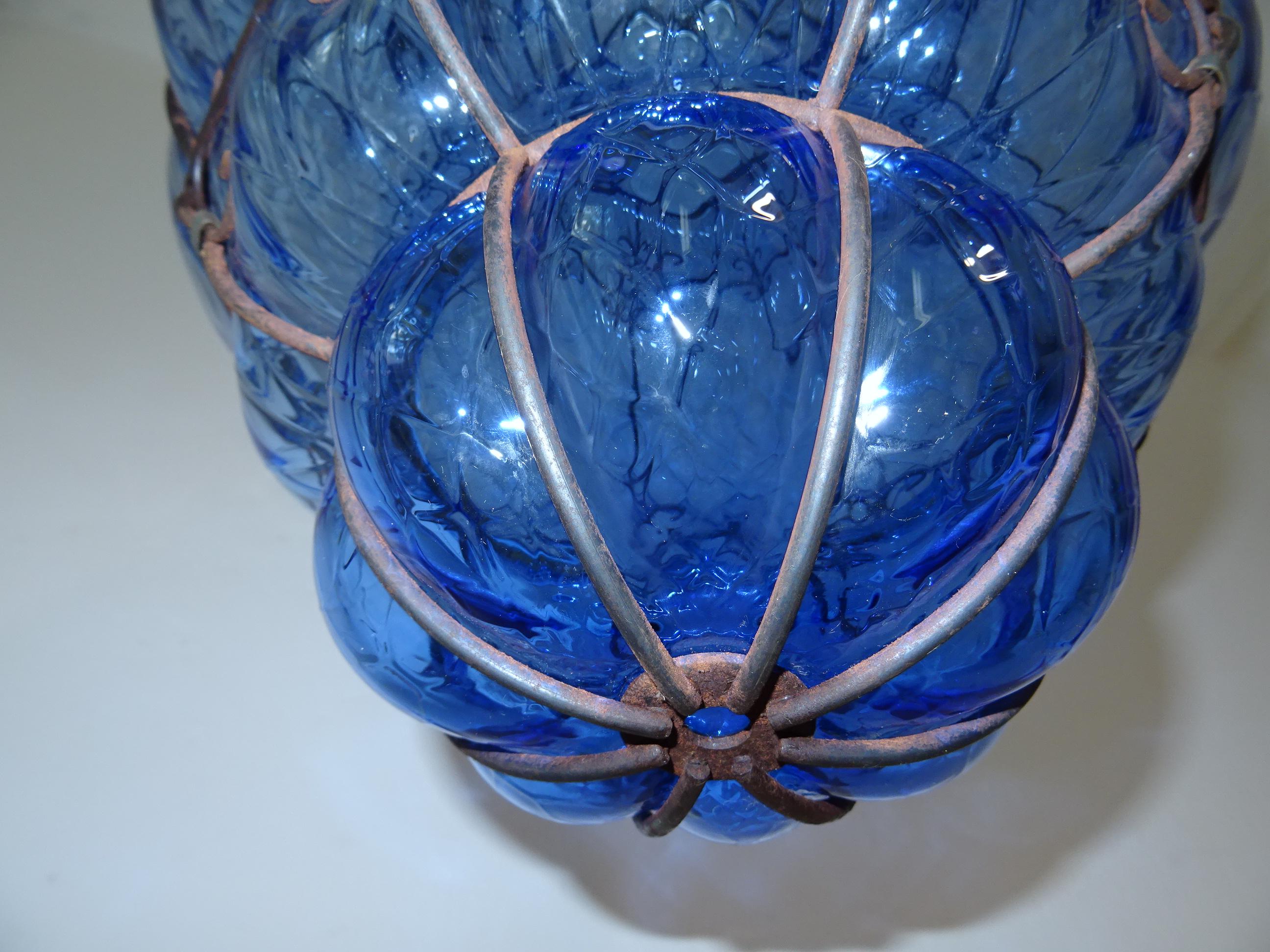 Italian Huge Midcentury Seguso Murano Cobalt Blue Blown Detailed Lantern Chandelier