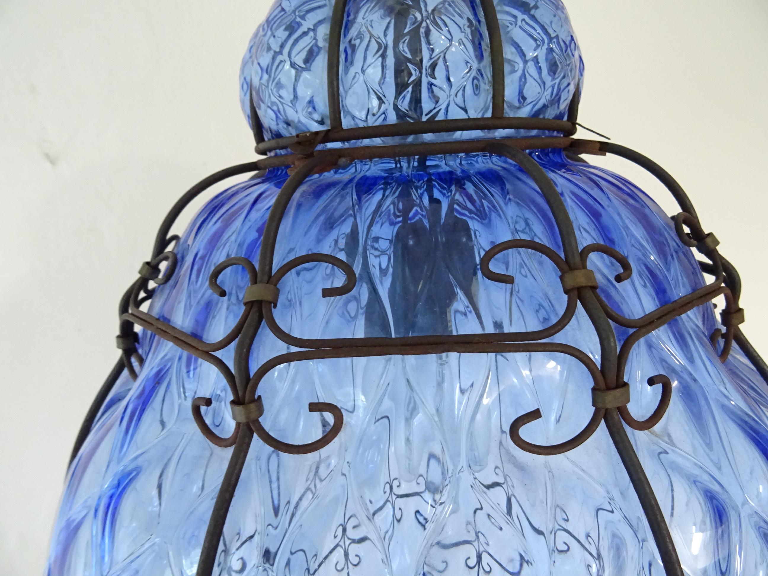 Mid-20th Century Huge Midcentury Seguso Murano Cobalt Blue Blown Detailed Lantern Chandelier