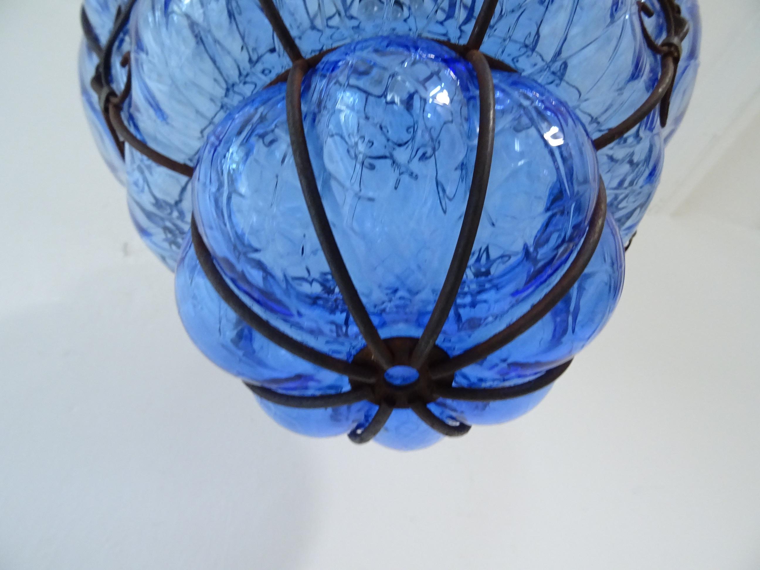 Murano Glass Huge Midcentury Seguso Murano Cobalt Blue Blown Detailed Lantern Chandelier