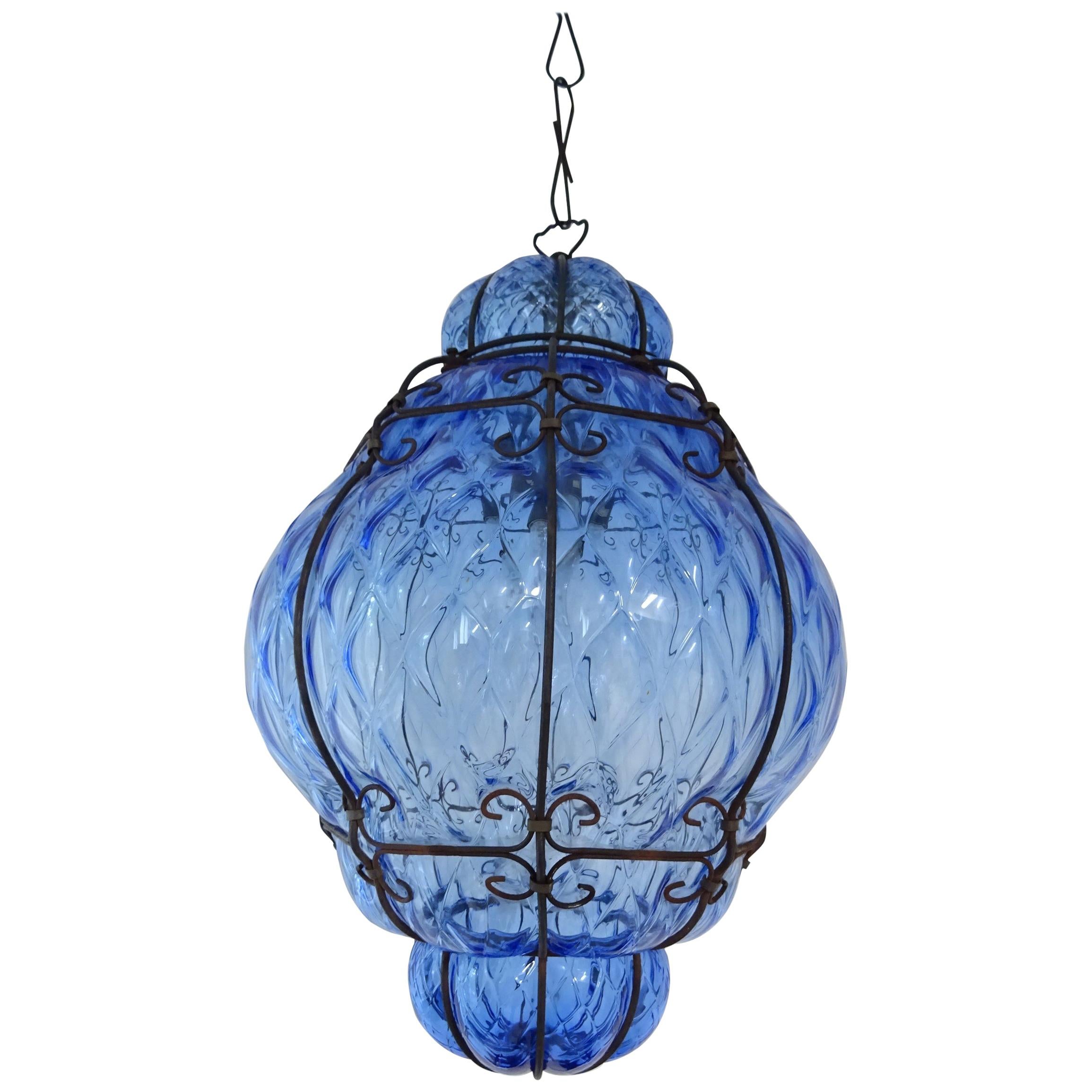 Huge Midcentury Seguso Murano Cobalt Blue Blown Detailed Lantern Chandelier