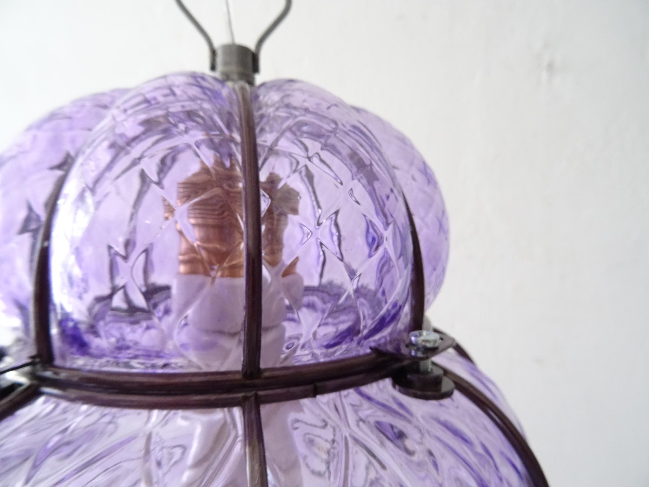 Huge Mid-Century Seguso Murano Lavander Lilac Blown Detailed Lantern Chandelier 6