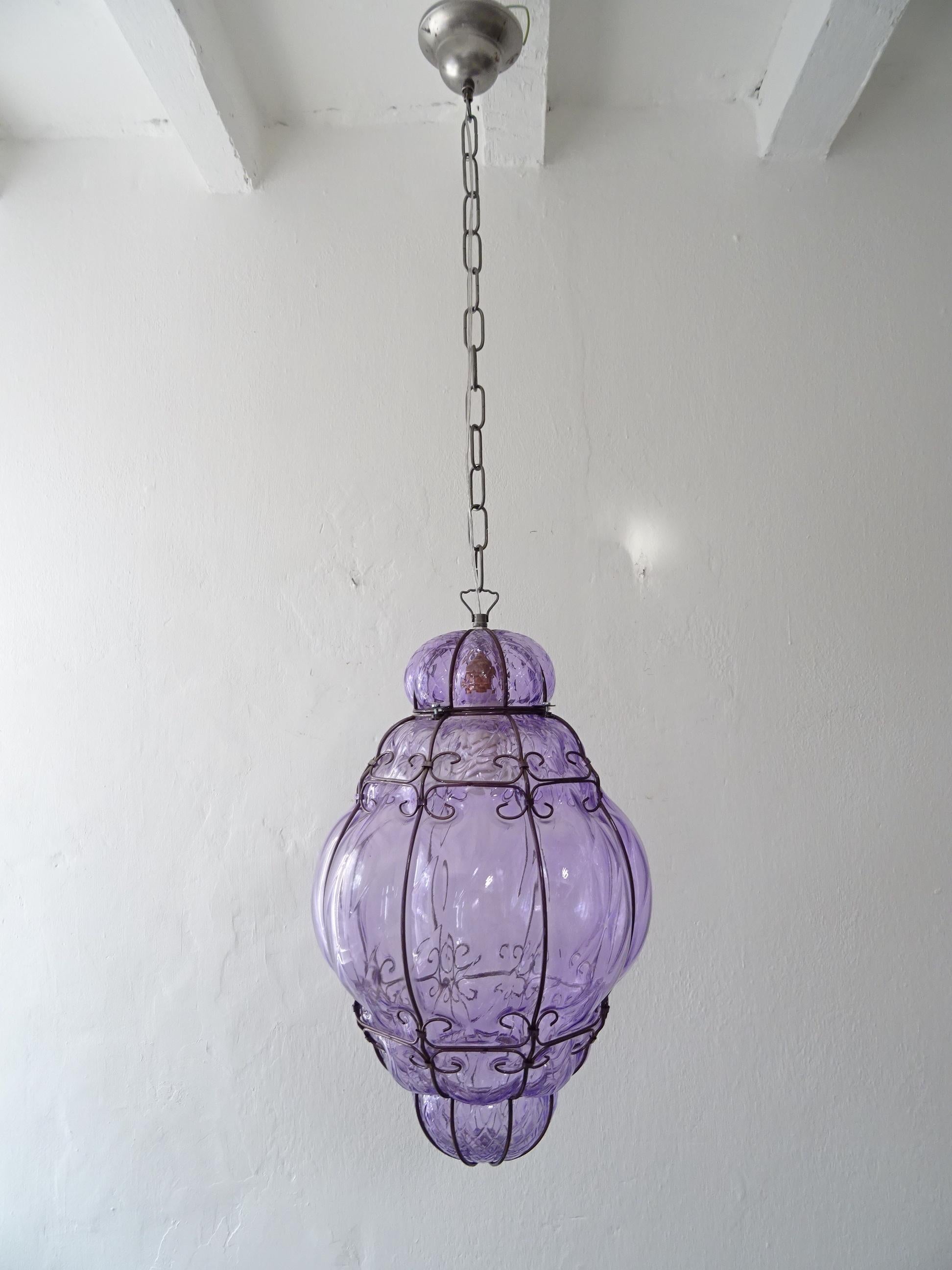 Huge Mid-Century Seguso Murano Lavander Lilac Blown Detailed Lantern Chandelier 2