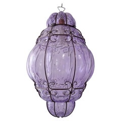 Huge Midcentury Seguso Murano Lavander Lilac Blown Detailed Lantern Chandelier