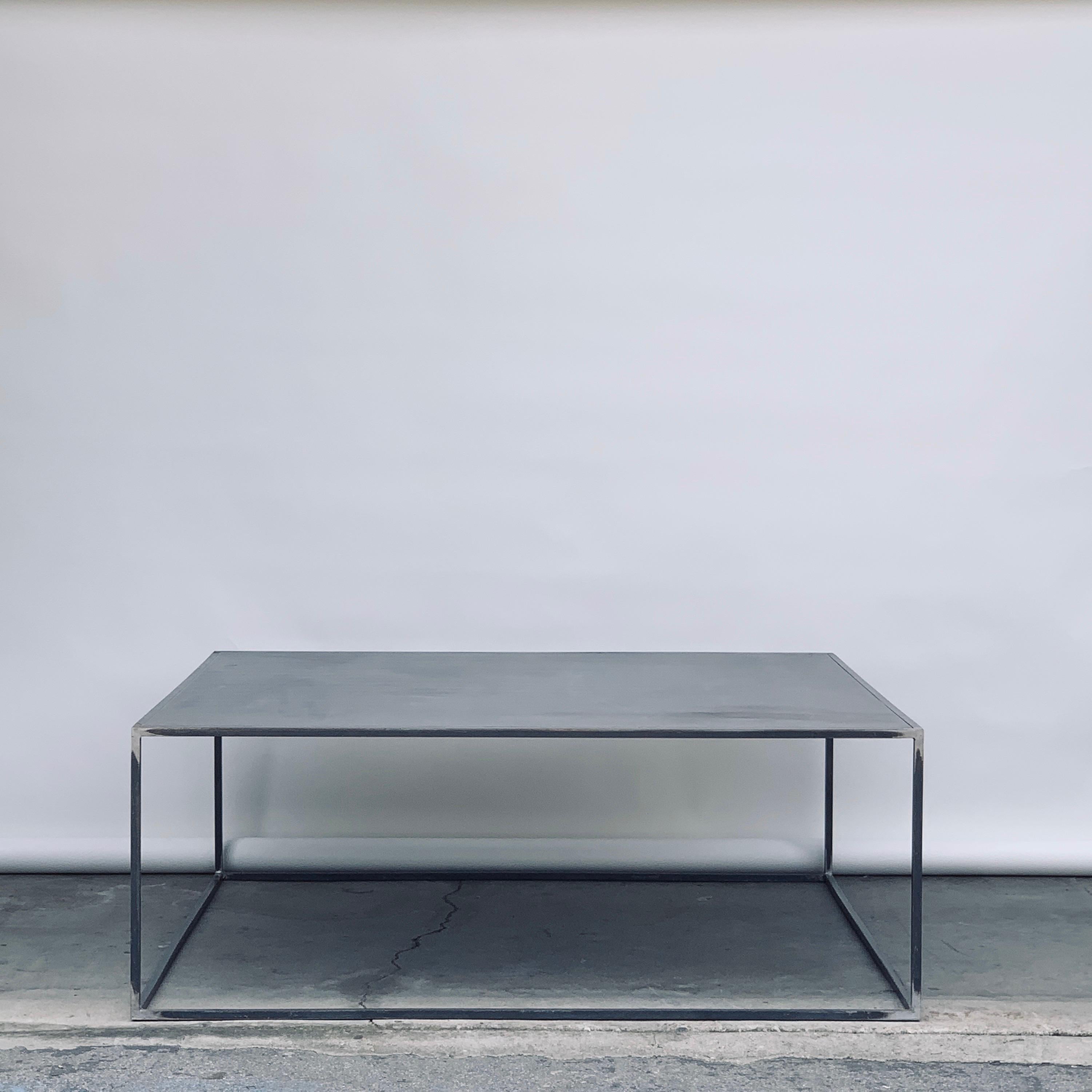 Huge Minimalist 'Filiforme' patinated steel plate square coffee table by Design Frères.
