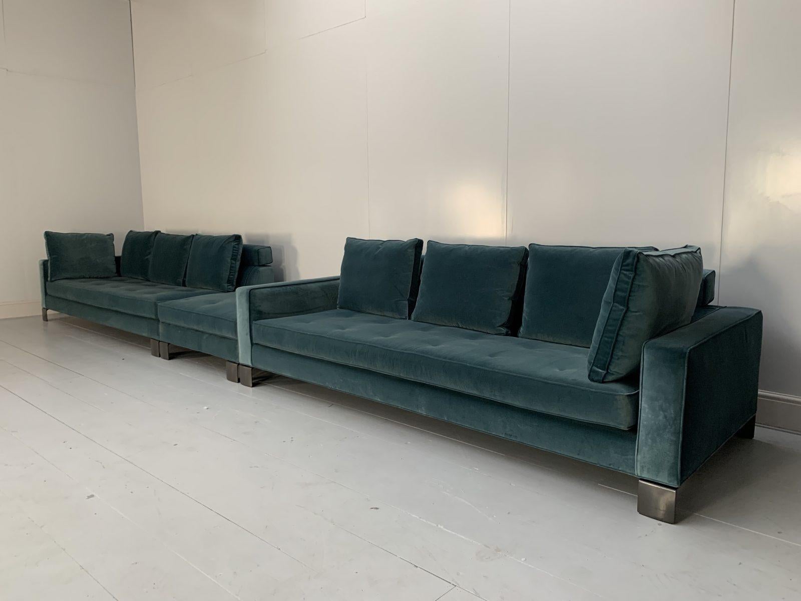 Huge Minotti “Pollock” 6-Seat Sofa & Footstool in Aquamarine Velvet In Good Condition In Barrowford, GB