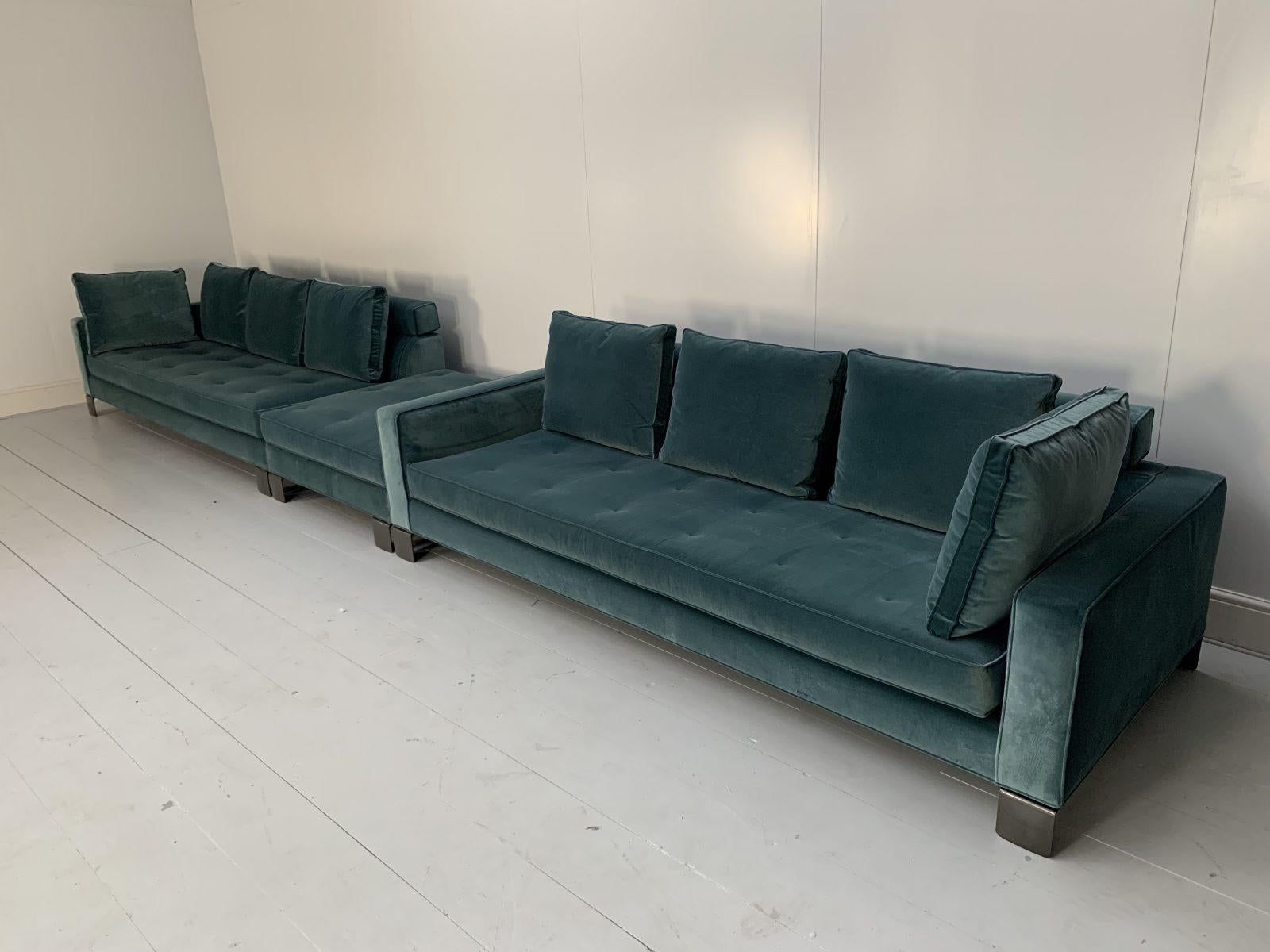 Contemporary Huge Minotti “Pollock” 6-Seat Sofa & Footstool in Aquamarine Velvet