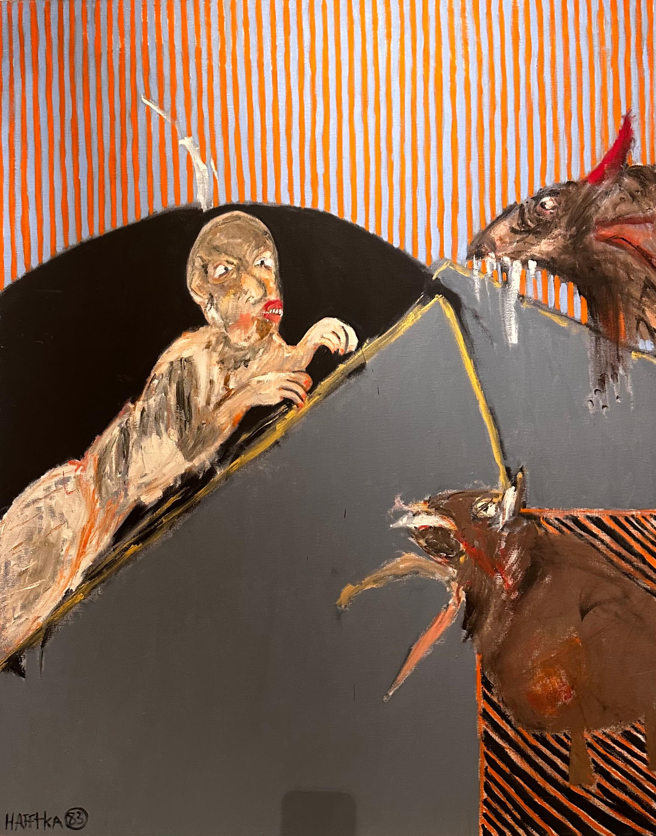 Großes Modern Art Expressionist Ölgemälde von Michael Hafftka Figur mit zwei Hunden (Expressionismus) im Angebot