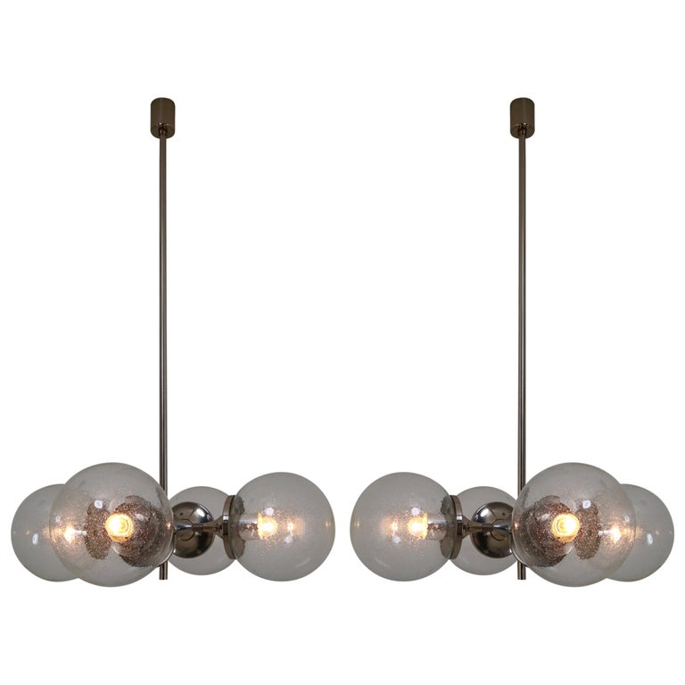 Huge Modern Geometric Chandeliers in NickelPlated Steel and Handblown