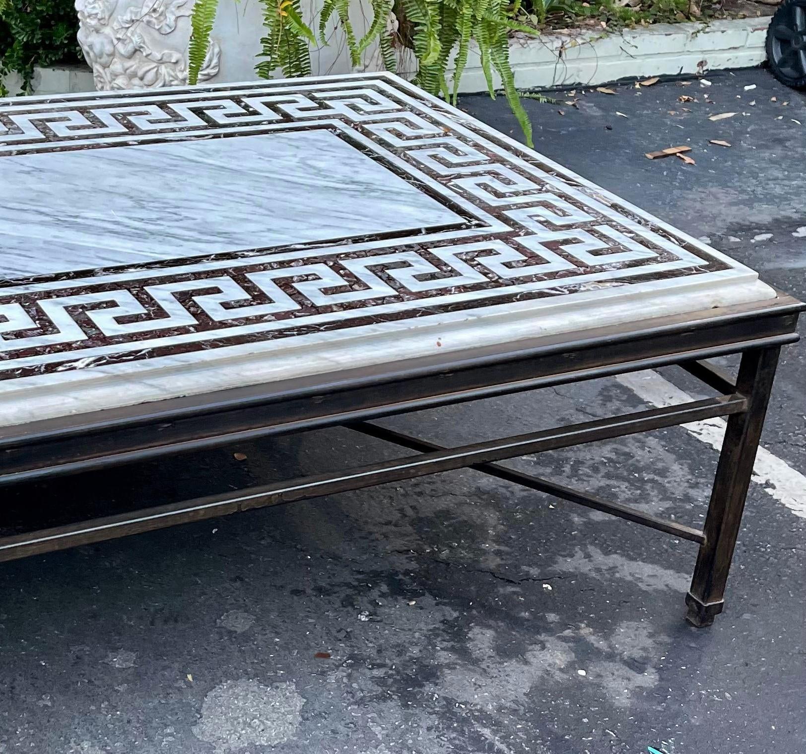 Art Deco Huge Modern Greek Key Pierre Dura Inlaid & Iron Coffee Table