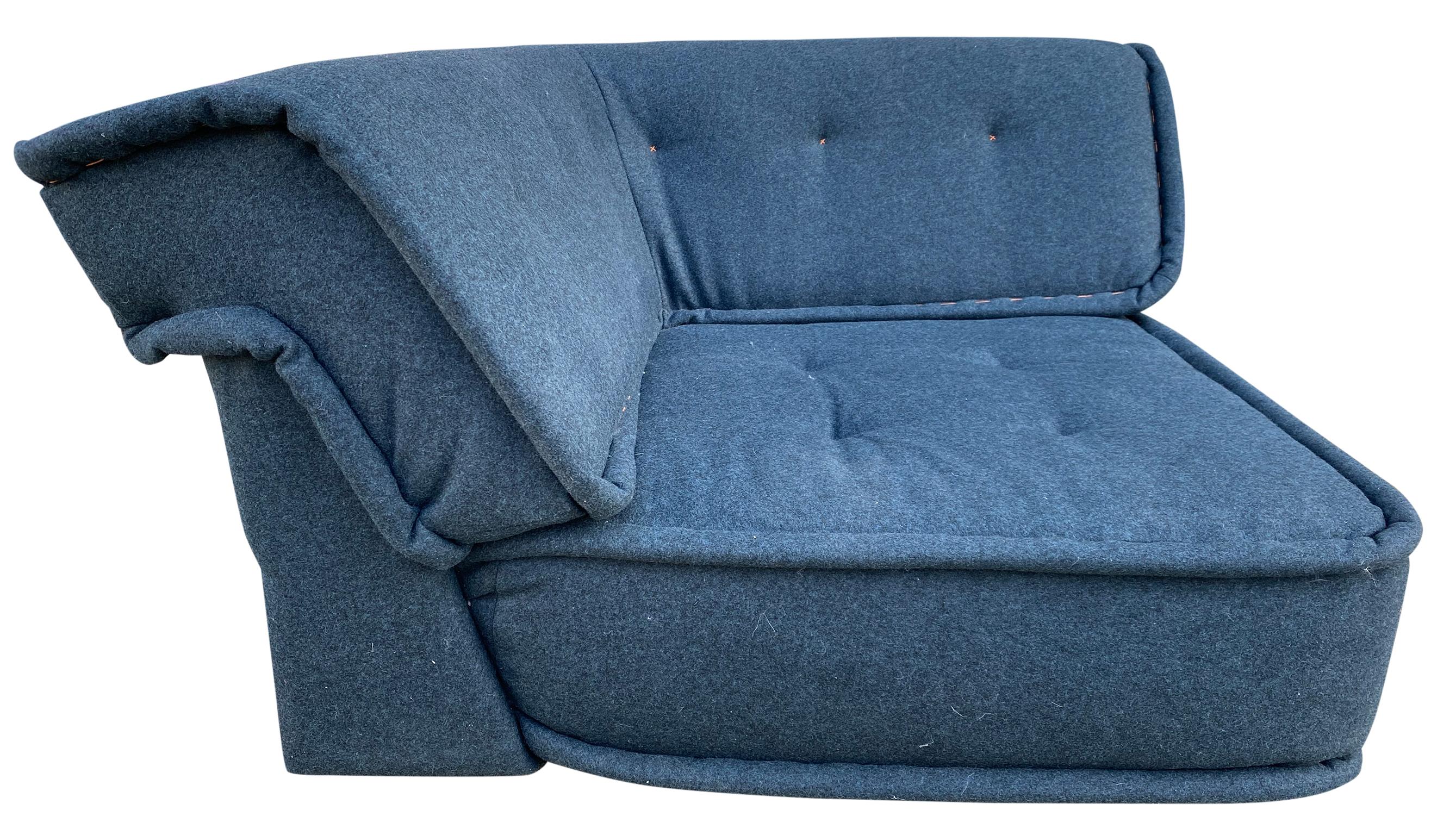 Huge Modern Modular Sectional Low Floor Sofa Blue Wool 24 Sections Total In Good Condition In BROOKLYN, NY