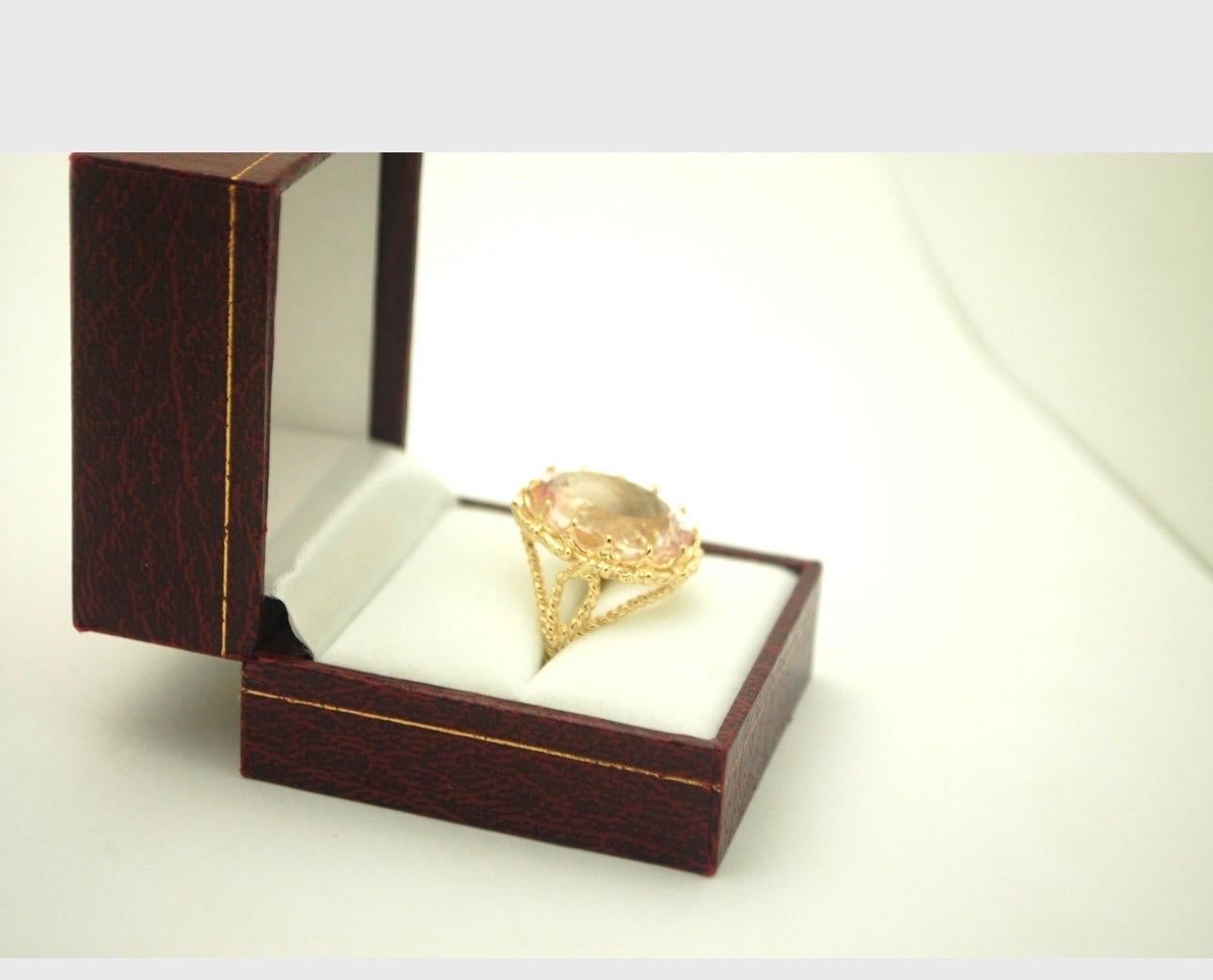 Oval Cut Huge Morganite Cocktail ring Braided style 18KT yellow gold For Sale