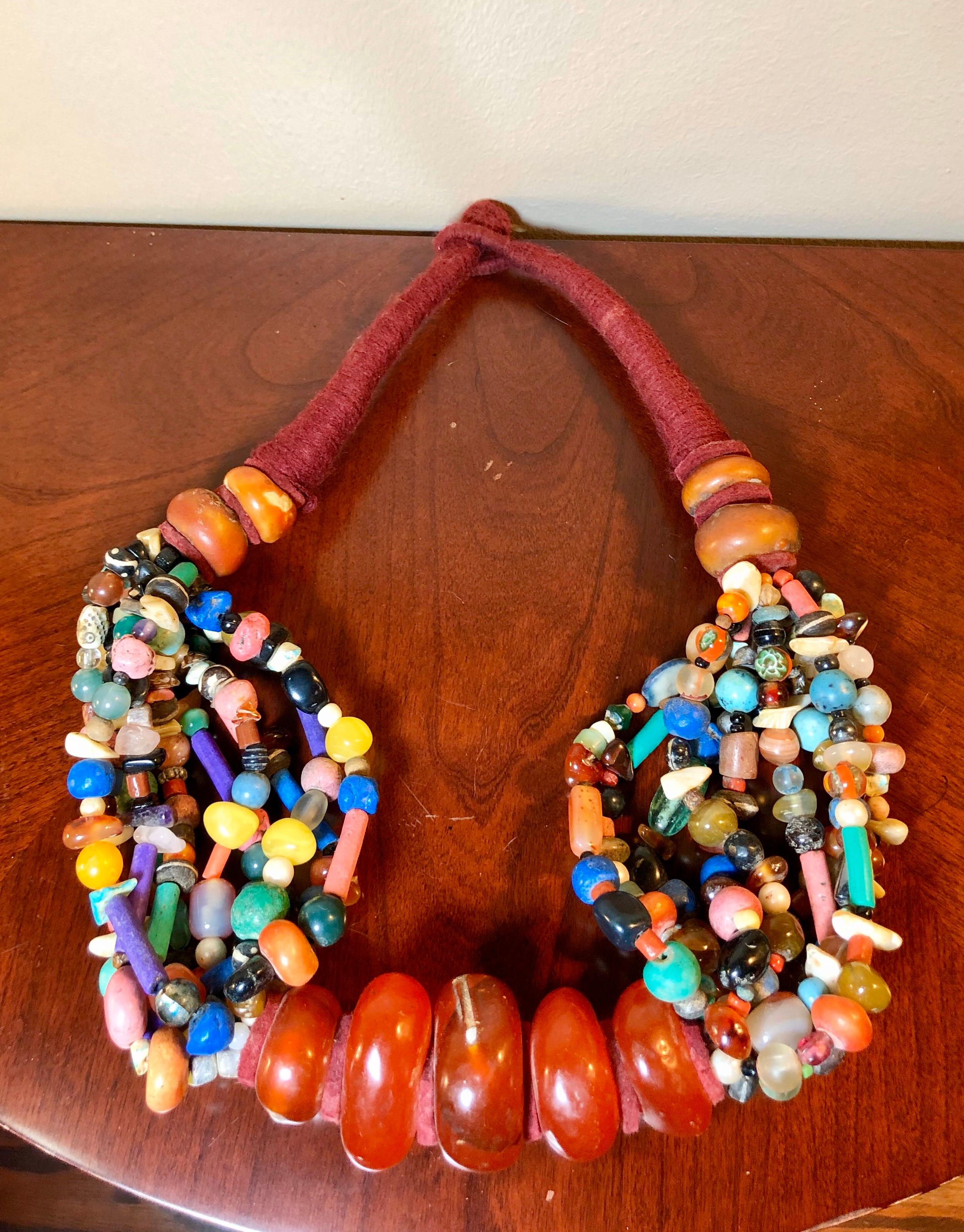 Tribal Vintage Colorful Moroccan Amber Copal Bead Necklace, 1980s Boho Chic Wall Decor  For Sale