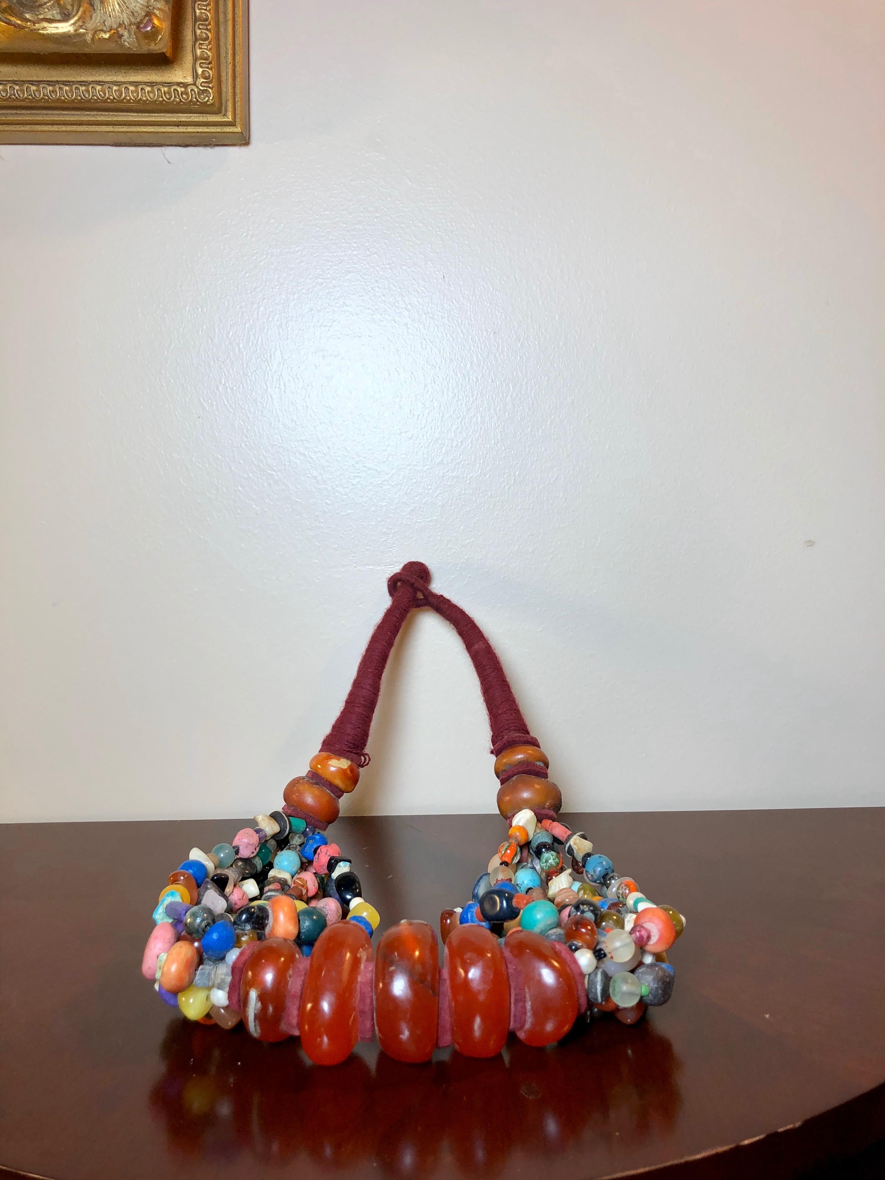 Beaded Vintage Colorful Moroccan Amber Copal Bead Necklace, 1980s Boho Chic Wall Decor  For Sale
