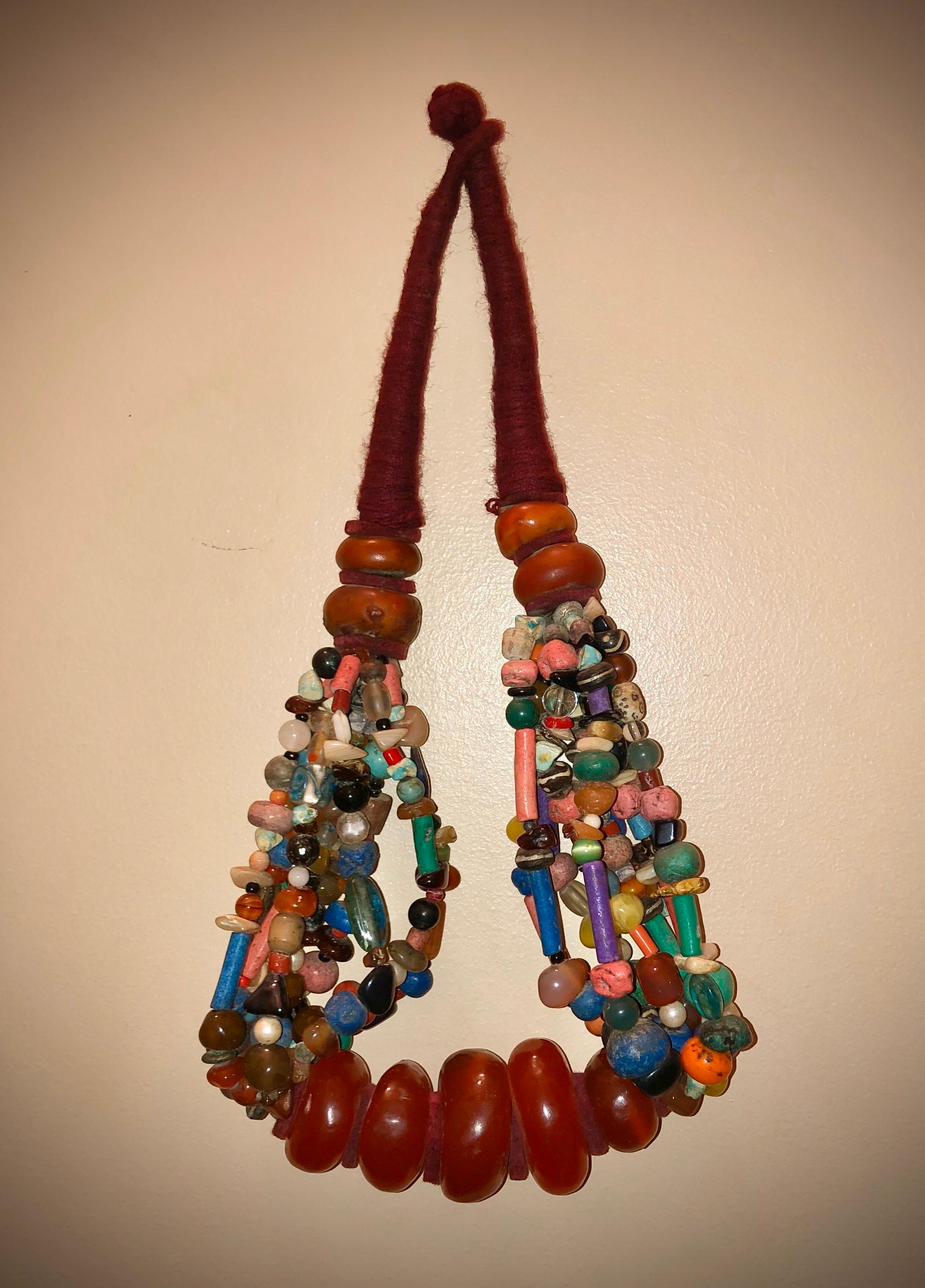 Vintage Colorful Moroccan Amber Copal Bead Necklace, 1980s Boho Chic Wall Decor  In Good Condition For Sale In Vineyard Haven, MA