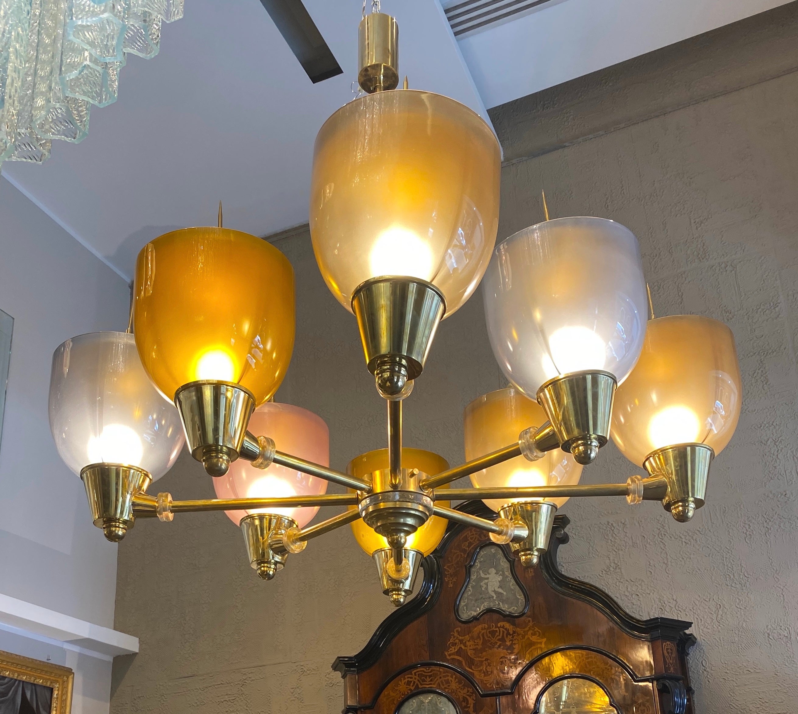 Modern Huge Multicolor Murano Glass and Brass Chandelier 1970 ' For Sale