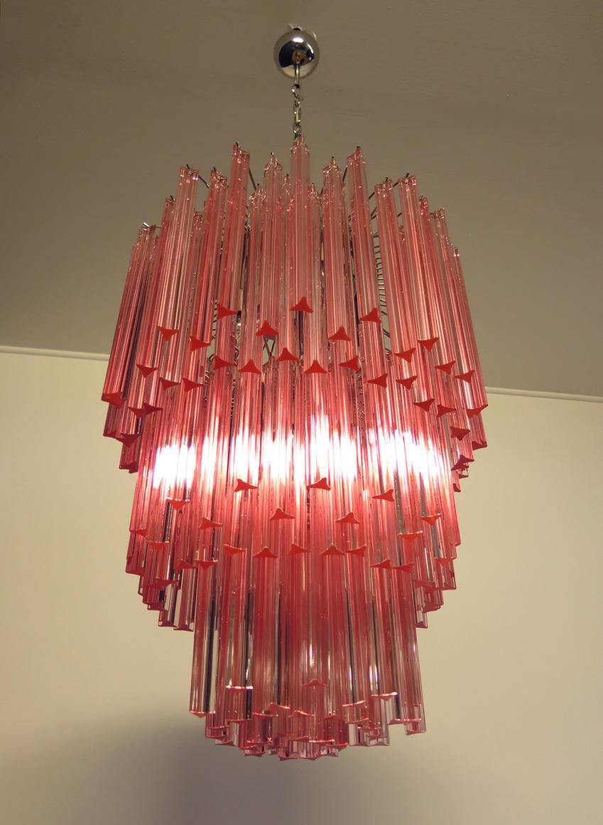 Mid-Century Modern Huge Murano Chandelier Pink Triedri, 184 Prism, Mariangela Model For Sale