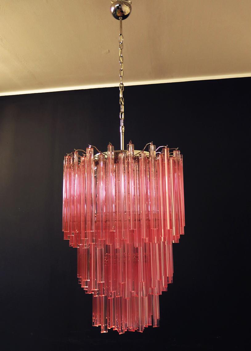 Italian Huge Murano Chandelier Pink Triedri, 184 Prism, Mariangela Model For Sale