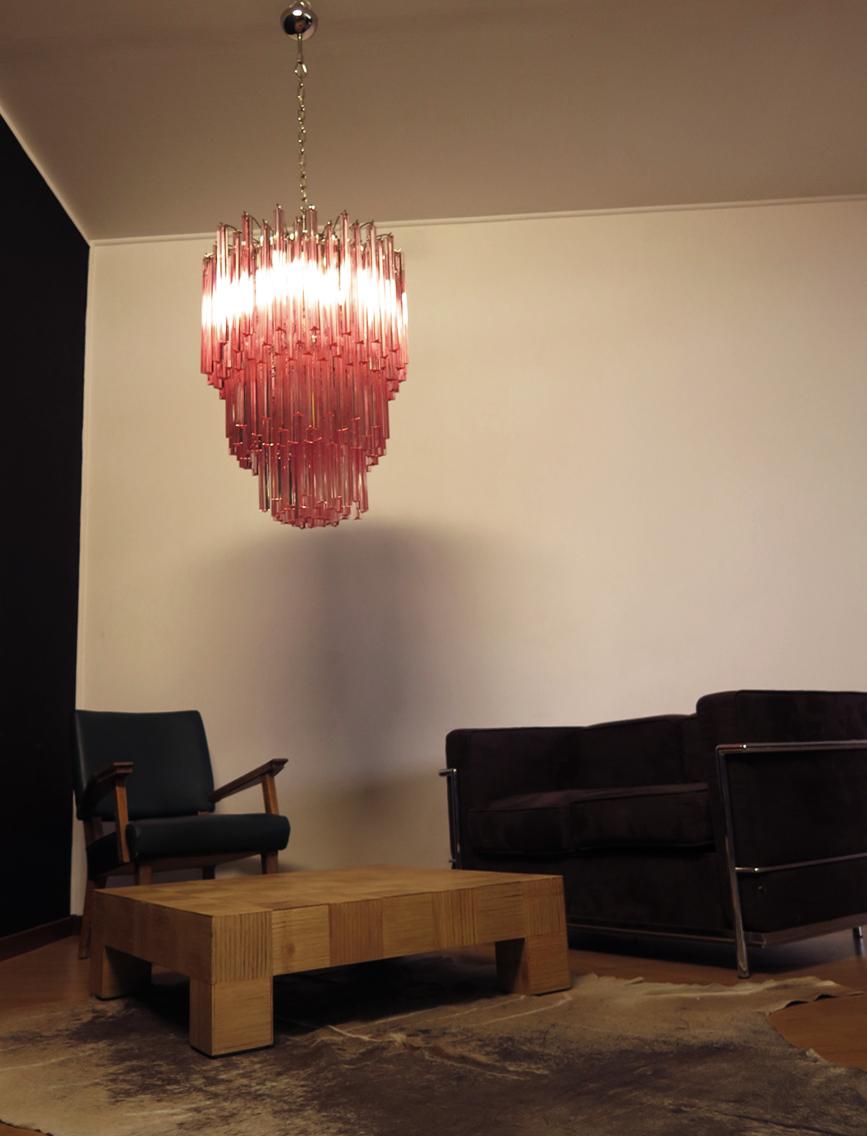 Late 20th Century Huge Murano Chandelier Pink Triedri, 184 Prism, Mariangela Model For Sale