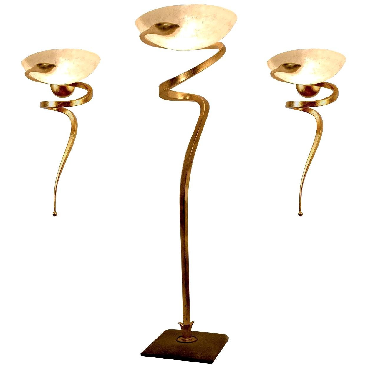 Huge Murano Floor Lamp and Two Wall Sconces, Enzo Ciampalini, 1970s