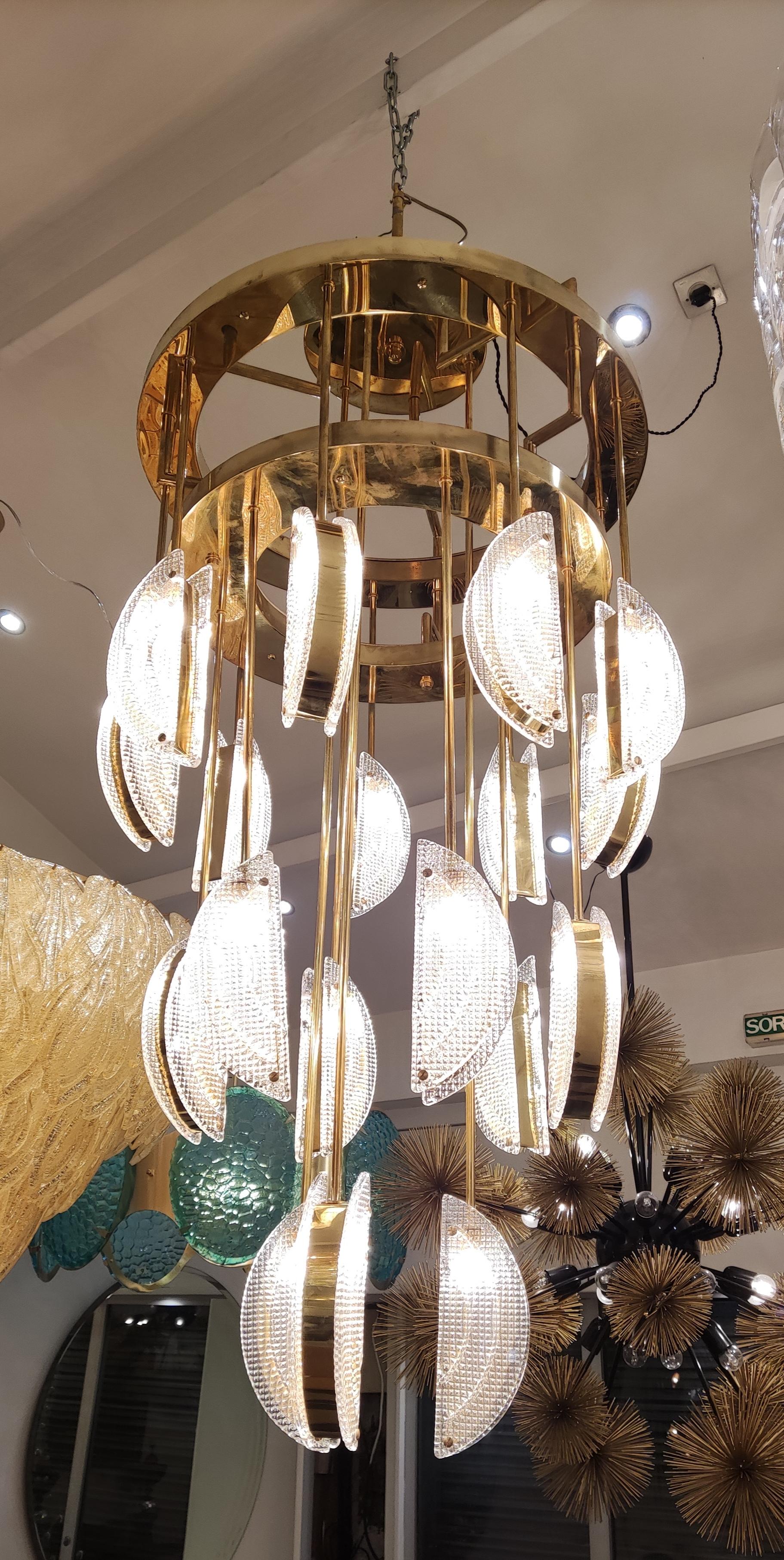 Huge Murano glass and brass half moon chandelier, 18 G9 bulbs.