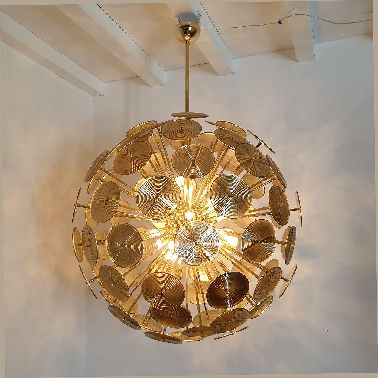 Brass Huge Murano glass disc Sputnik chandelier For Sale
