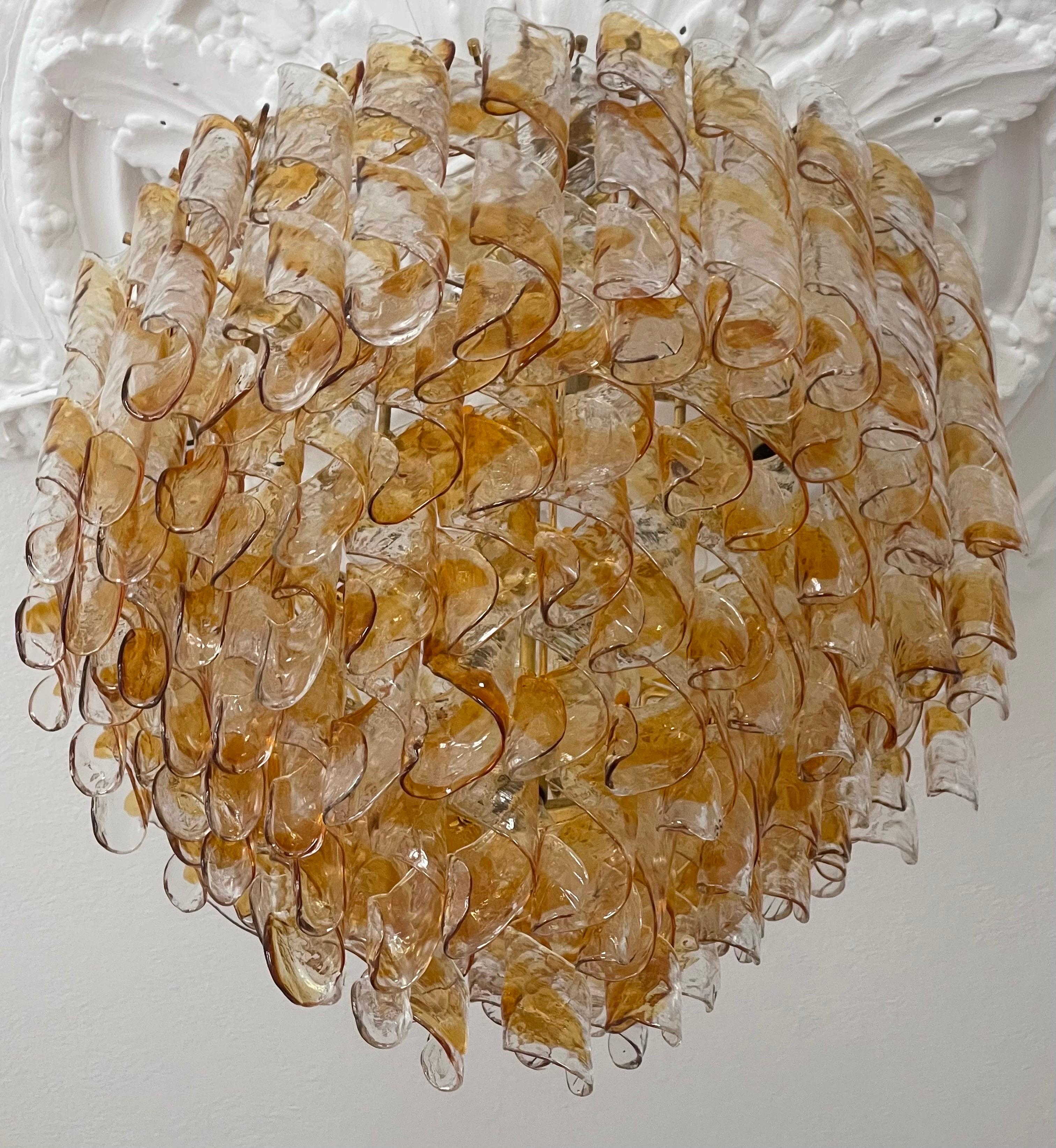Mid-Century Modern Huge Murano Spiral Amber Glass  Chandelier by Kaiser, circa 1960s For Sale