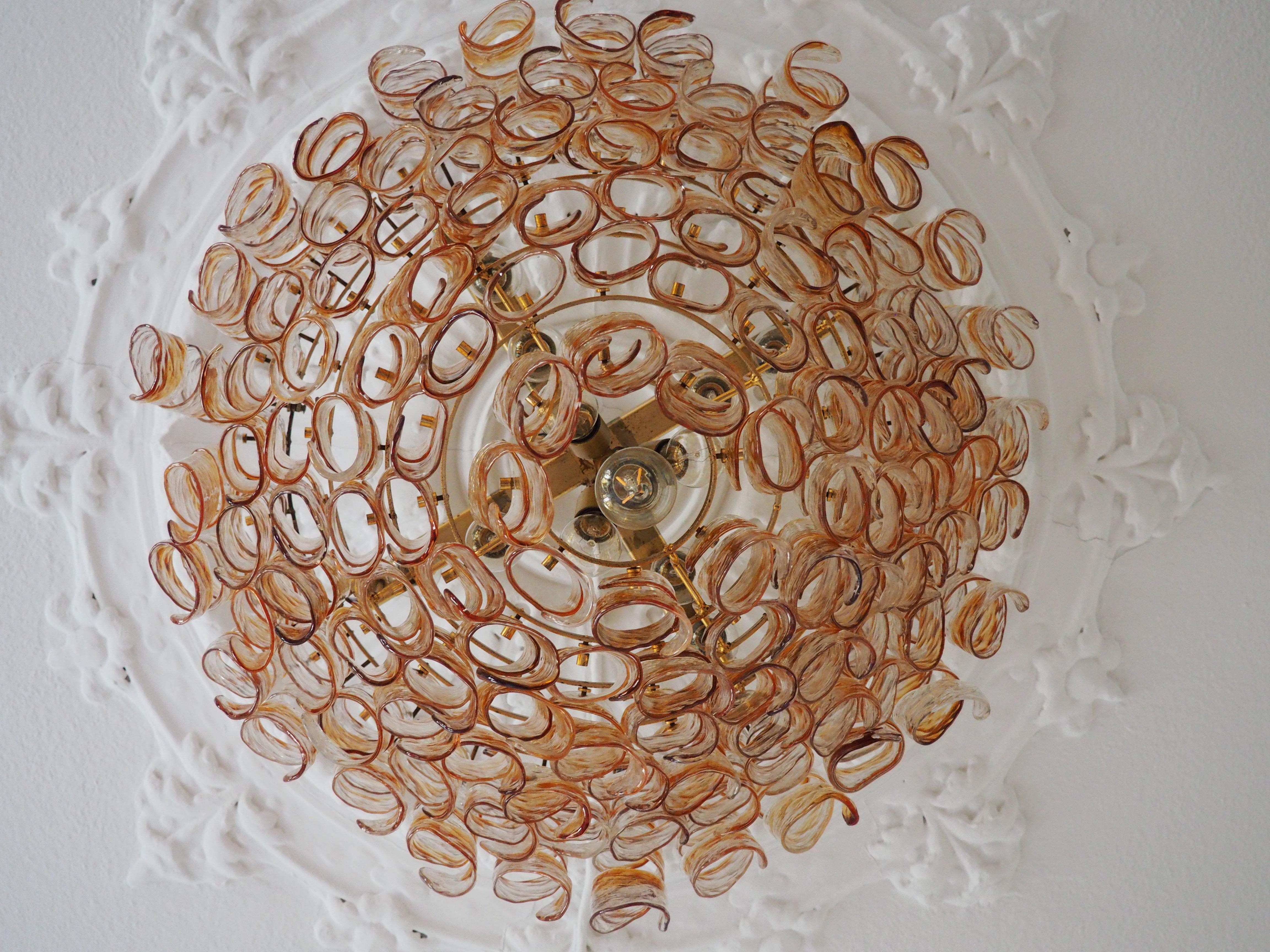 Italian Huge Murano Spiral Amber Glass  Chandelier by Kaiser, circa 1960s For Sale