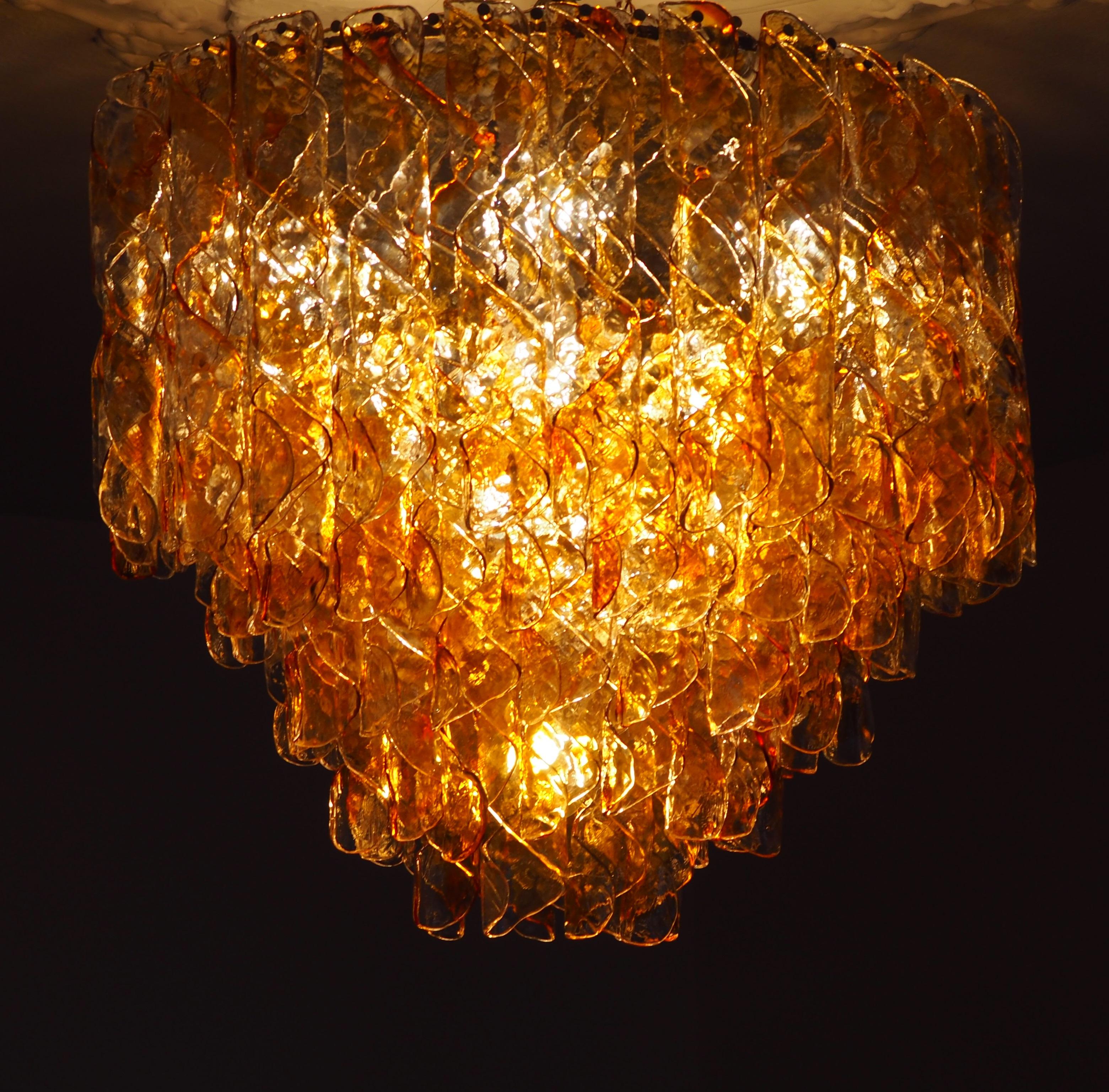 Gilt Huge Murano Spiral Amber Glass  Chandelier by Kaiser, circa 1960s For Sale