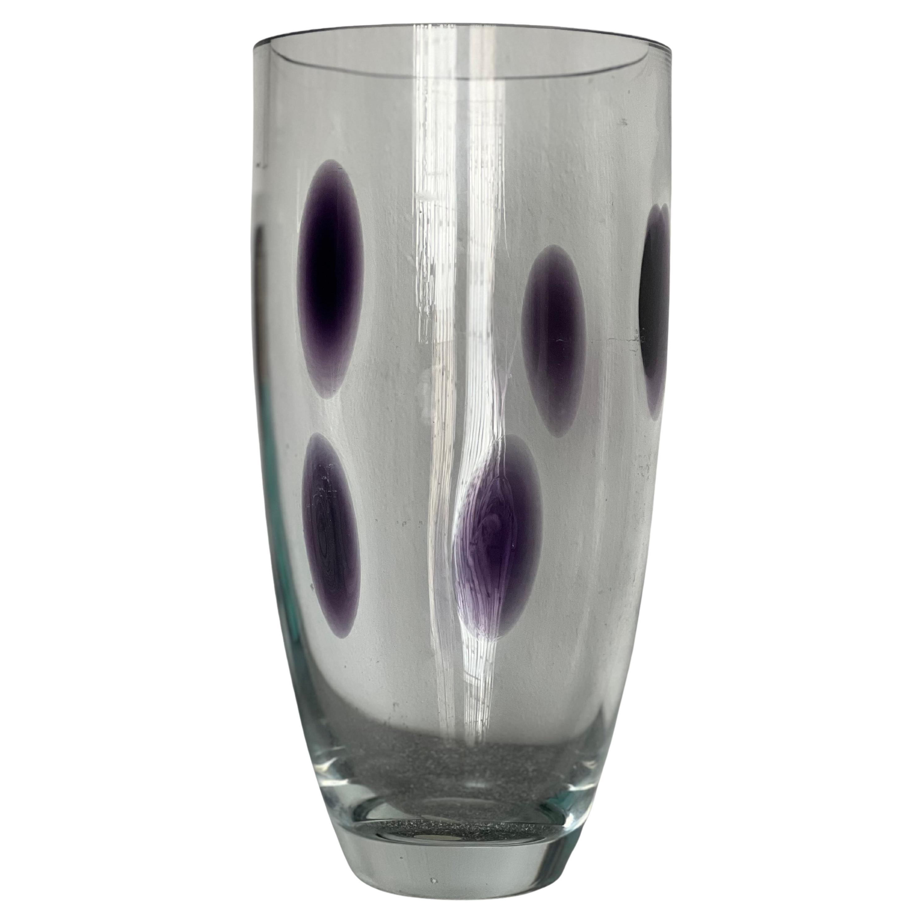 Huge Vase - Large Decorative Murano Vase - Collectible Italian Glass - Blown Glass made in Murano 

Rare, big and timeless Murano vase.

Tall, fluid and elegant, the vase is made in thin clear glass and has few violet deformed dots  accent running