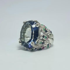 Huge Mystic Topaz Ruby Emerald Sapphire .925 Sterling Silver Rhodium Plated Ring