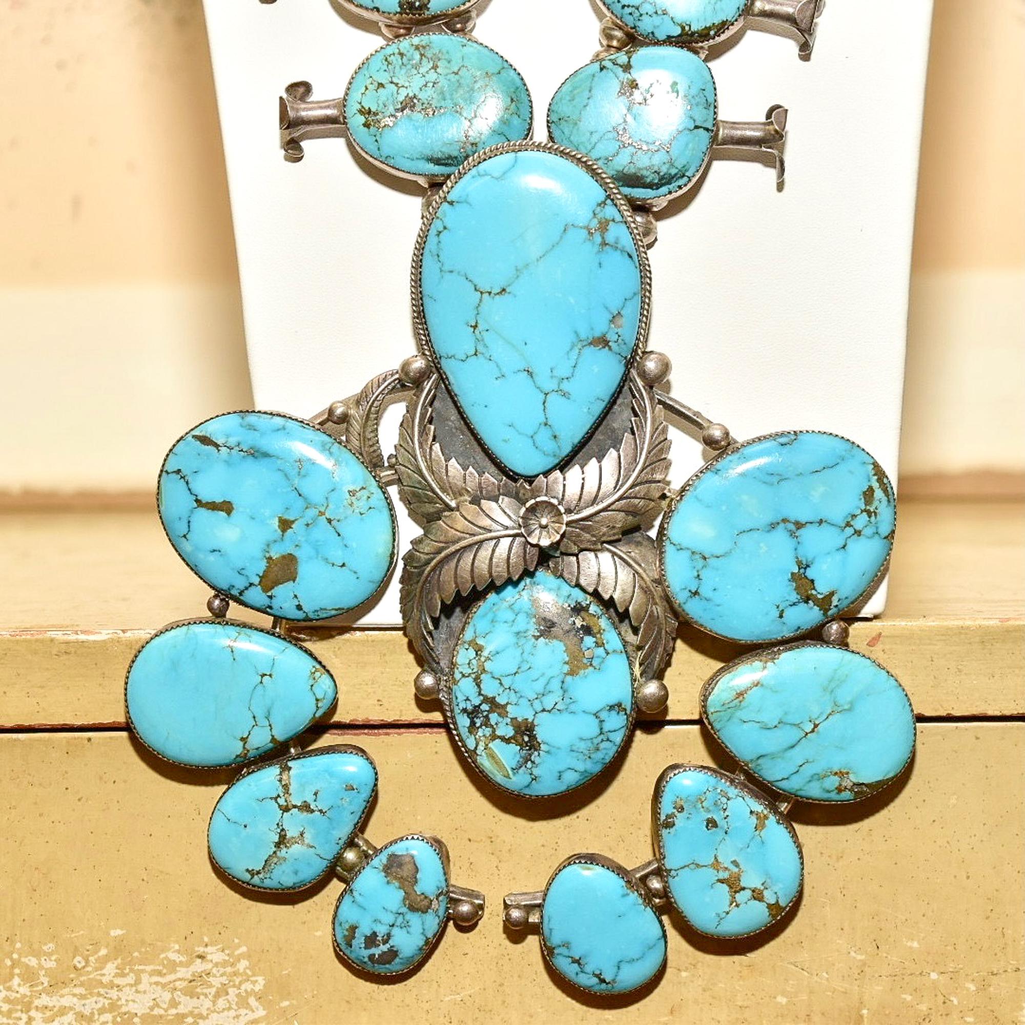 Cabochon HUGE Native American Turquoise Squash Blossom Necklace For Sale