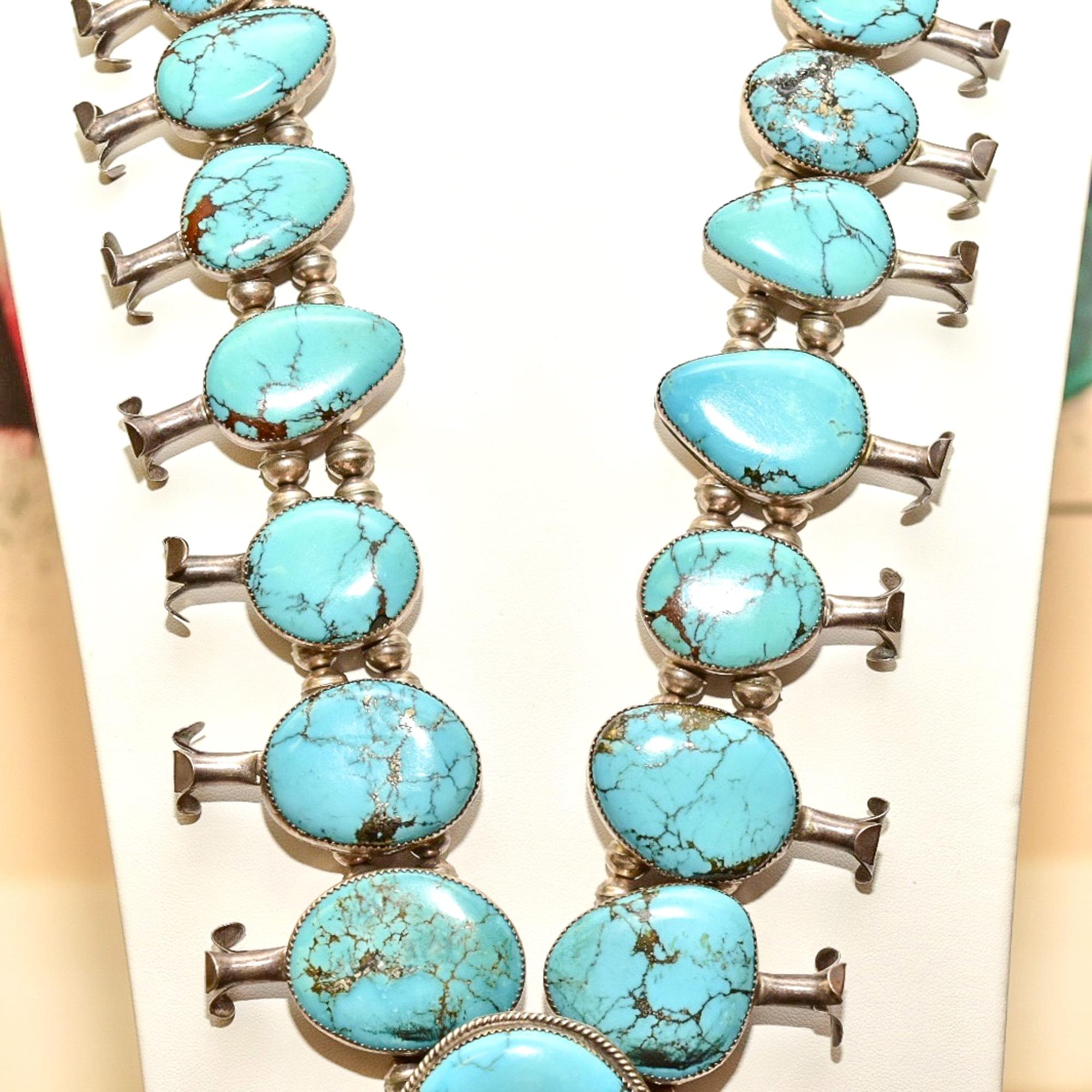 HUGE Native American Turquoise Squash Blossom Necklace In Good Condition For Sale In Philadelphia, PA