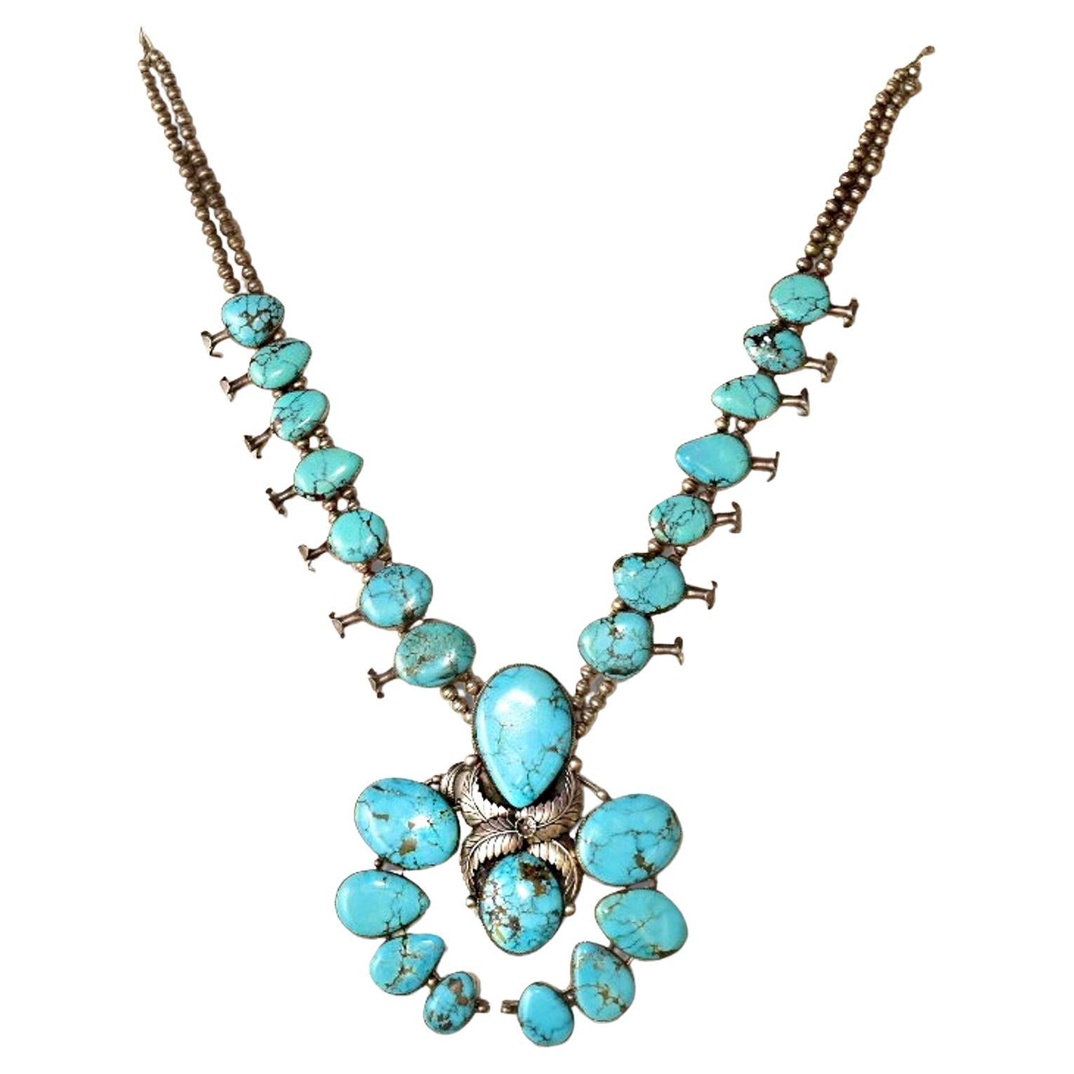 HUGE Native American Turquoise Squash Blossom Necklace For Sale