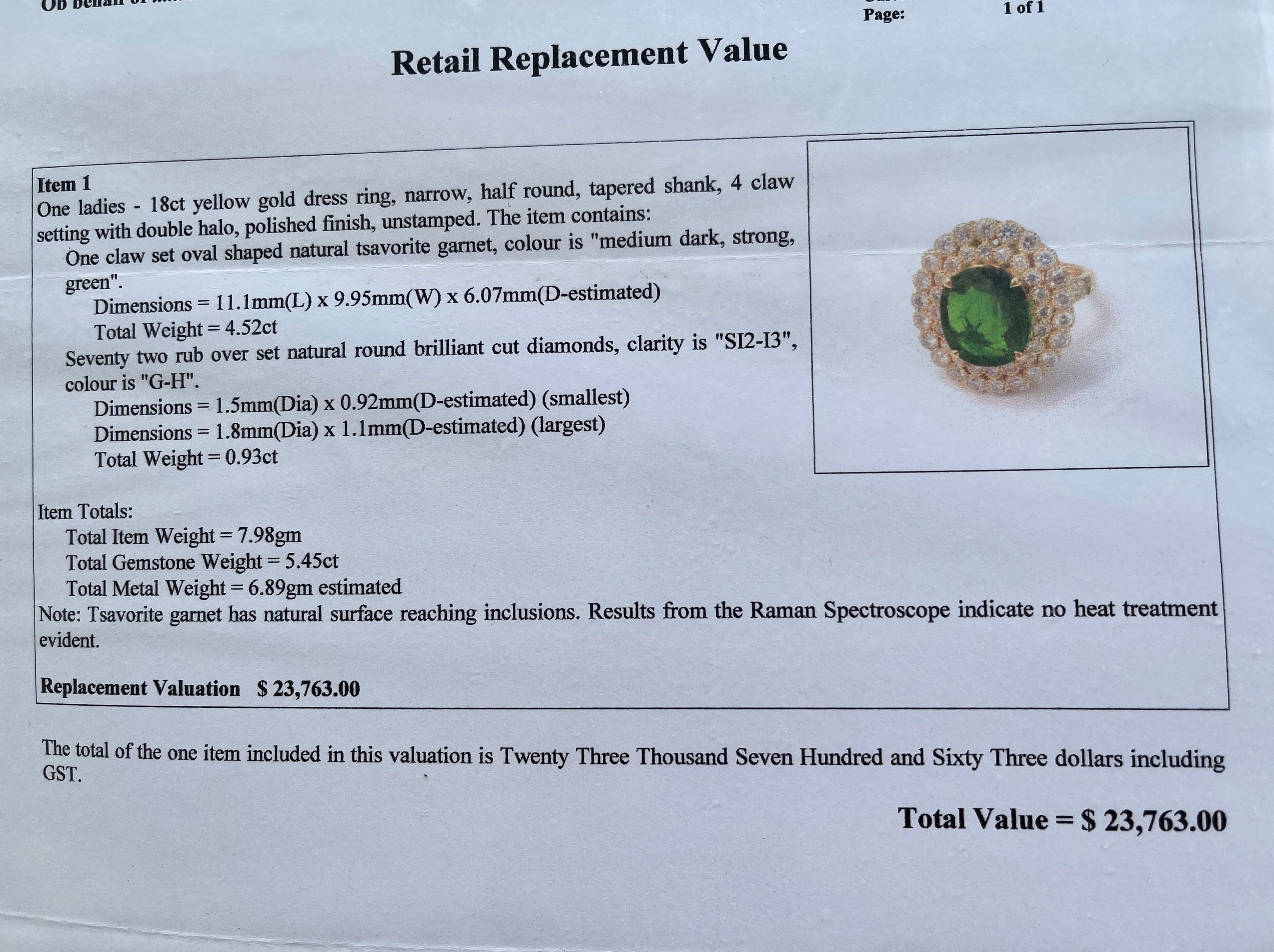 Oval Cut Huge Natural 4.52ct Tsavorite Garnet Diamond Ring 18ct Yellow Gold Valuation For Sale