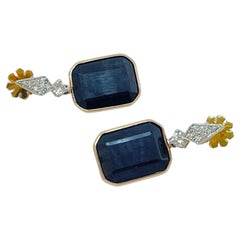 Huge Natural Black Sapphire Diamond Earrings 9ct Dual Tone Gold with Valuation