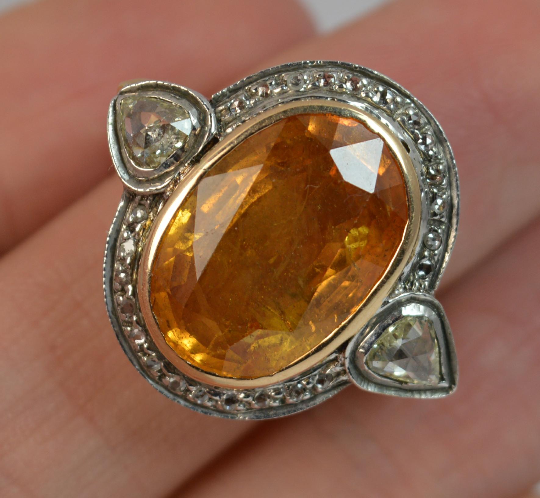 Huge Natural Orangish Yellow Sapphire and Diamond Cluster Ring In Excellent Condition In St Helens, GB