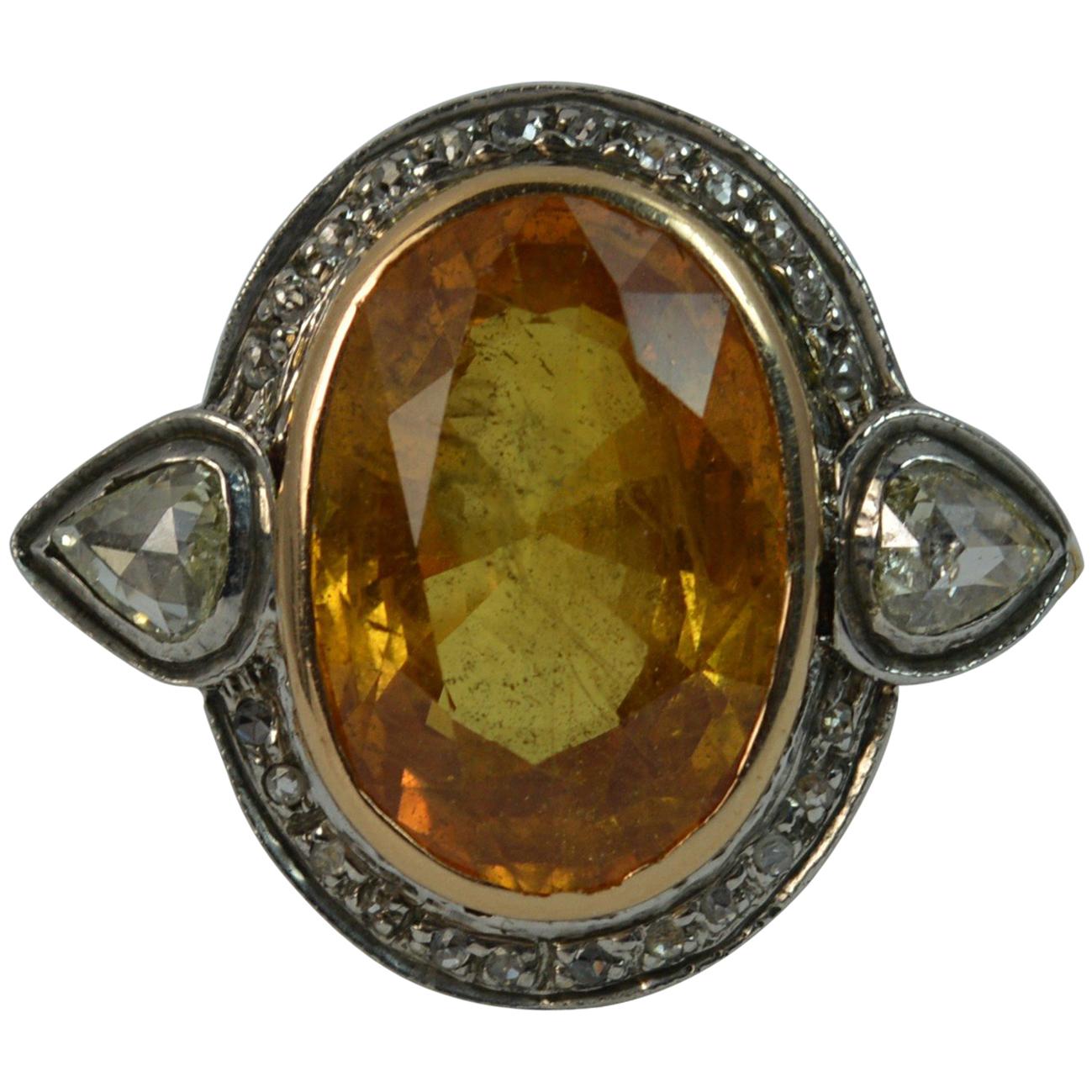 Huge Natural Orangish Yellow Sapphire and Diamond Cluster Ring