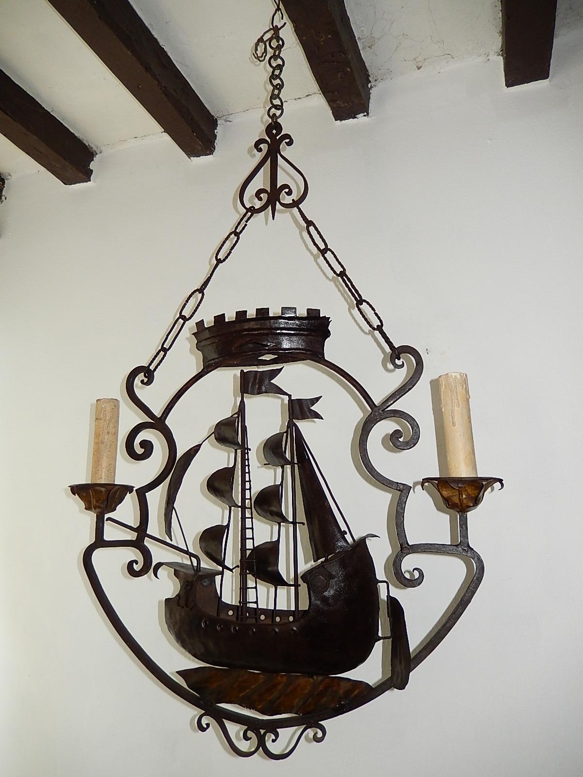 Italian Huge Nautical Sailing Boat Ship Chandelier circa 1900 Wrought Iron